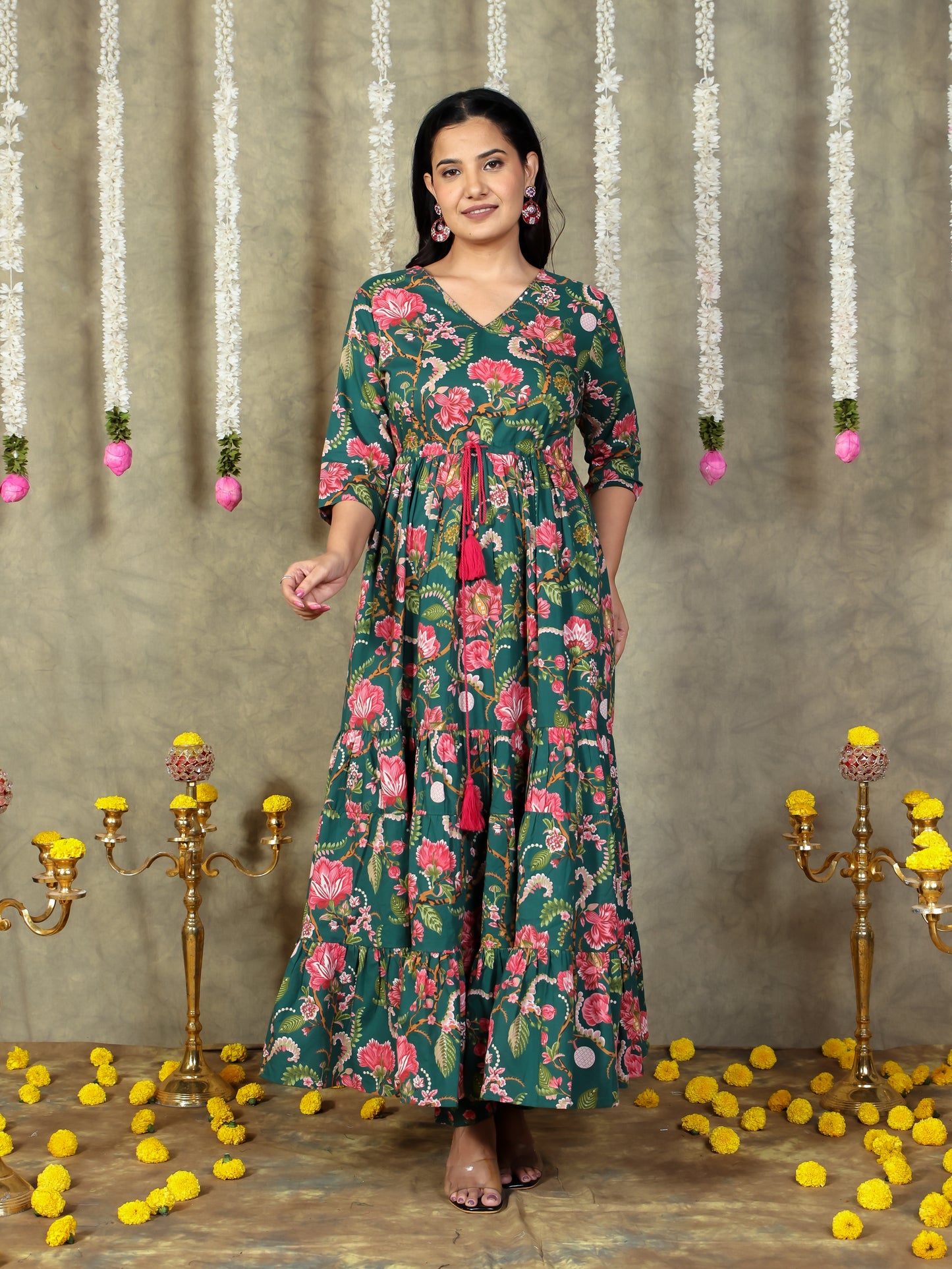 Soft Cotton Floral A-line Green Kurta