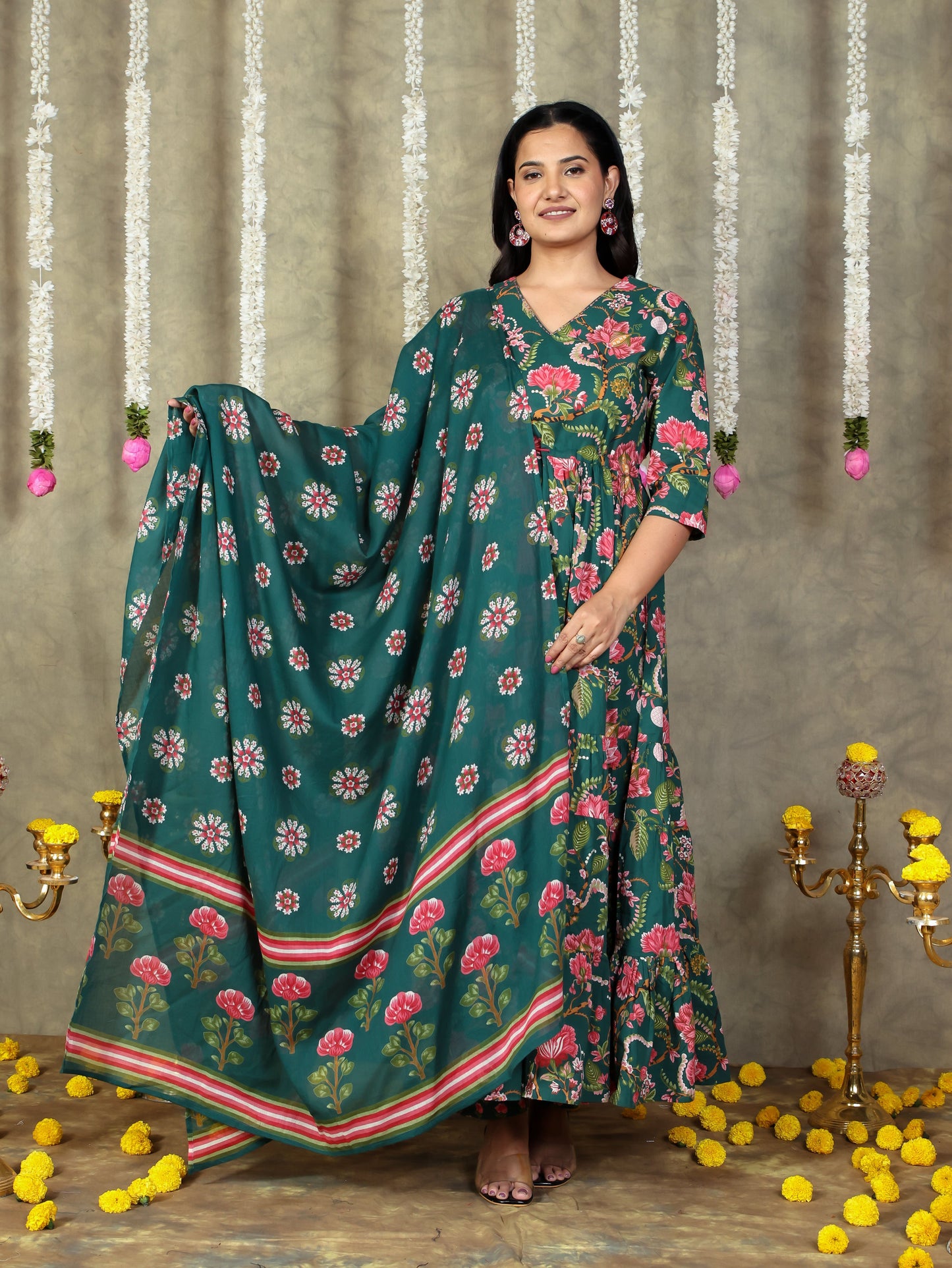 Soft Cotton Floral A-line Green Kurta
