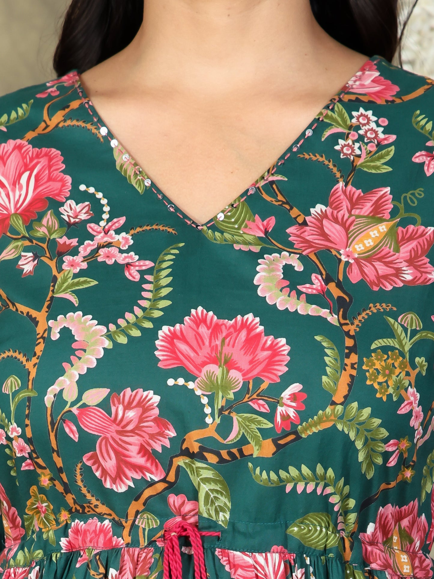 Soft Cotton Floral A-line Green Kurta
