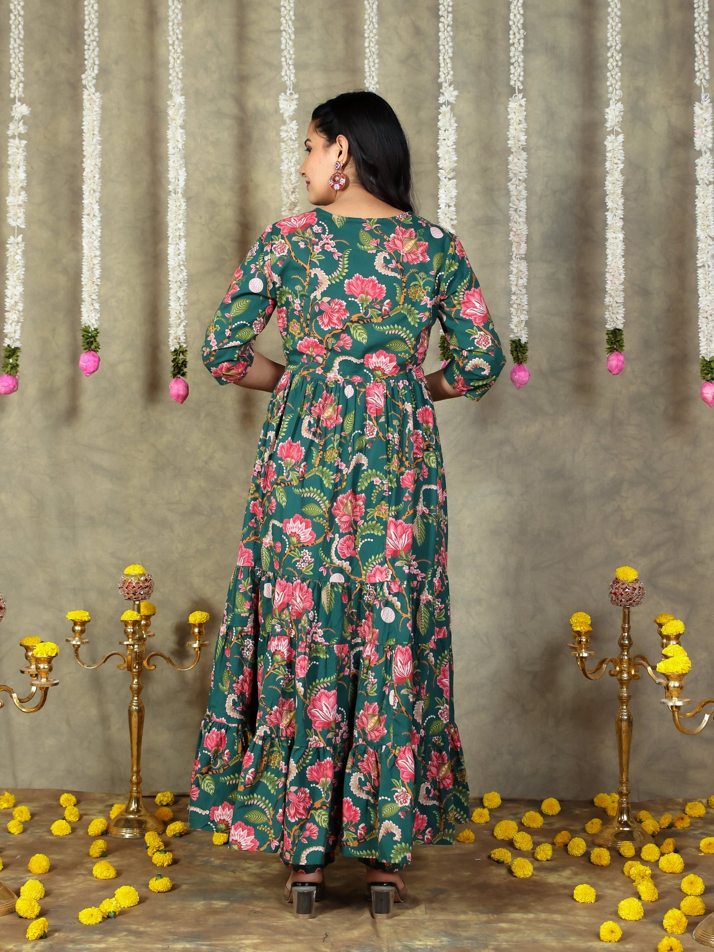 Soft Cotton Floral A-line Green Kurta