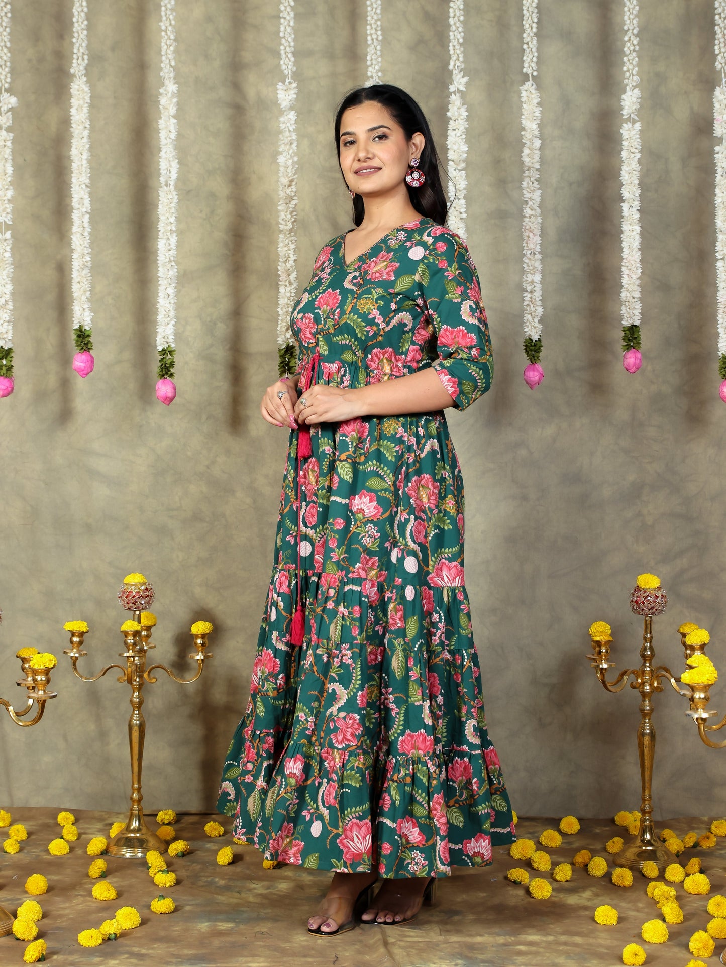 Soft Cotton Floral A-line Green Kurta