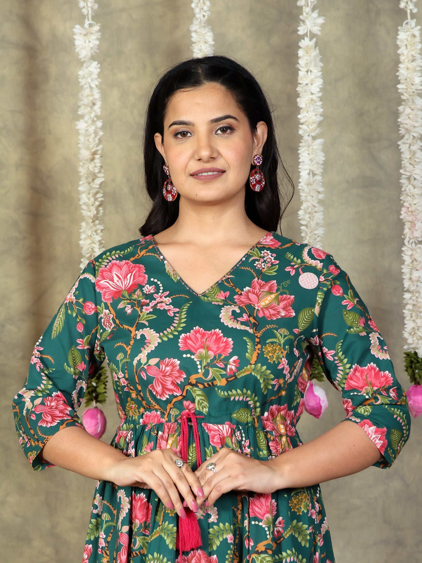 Soft Cotton Floral A-line Green Kurta