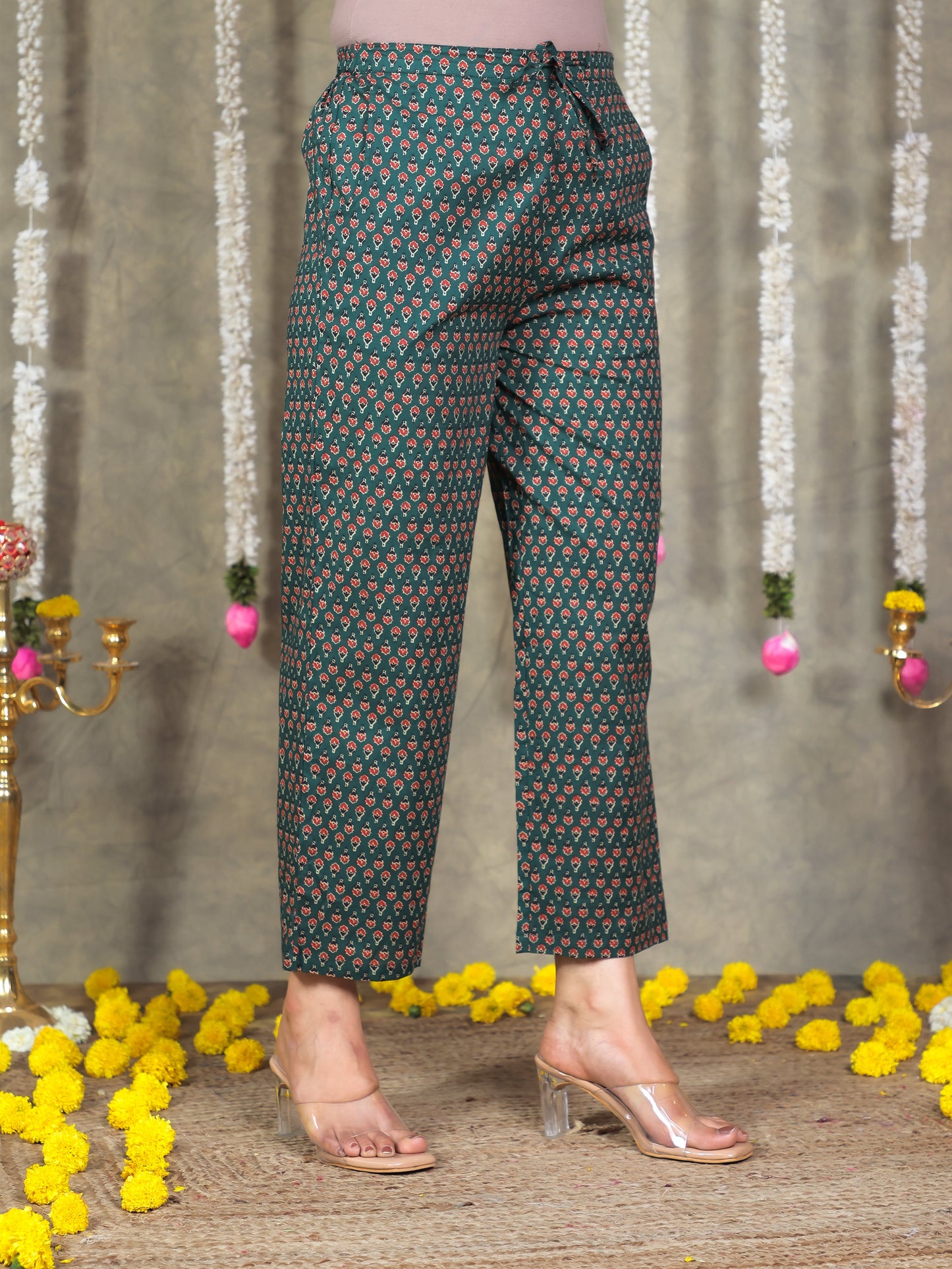 Soft Cotton Floral Green Straight Trousers