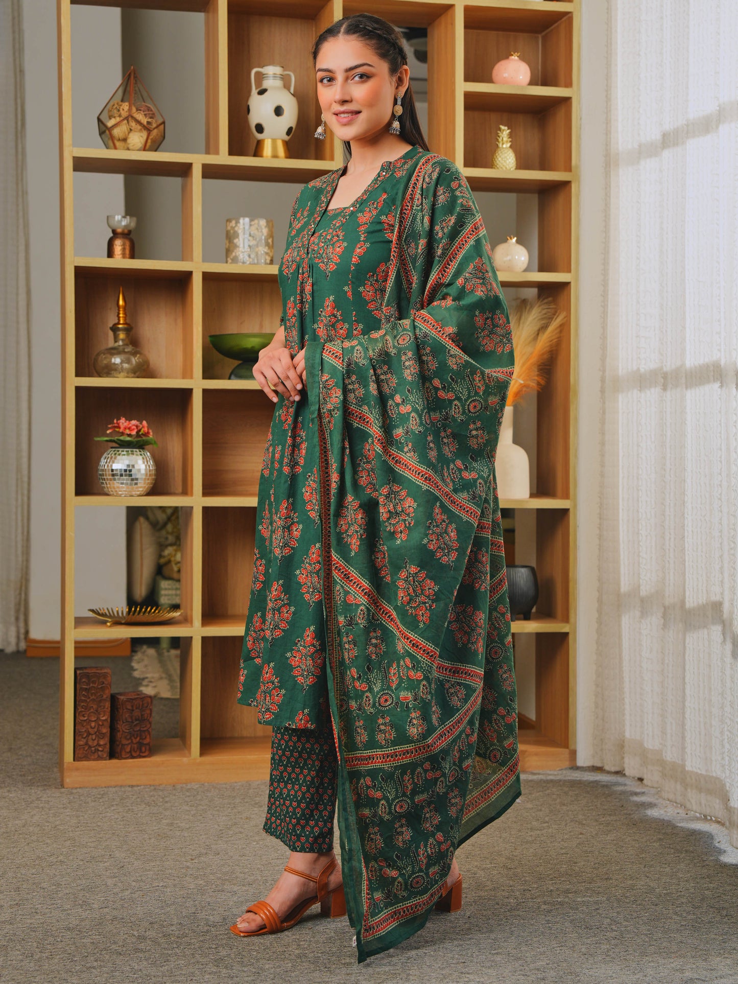 Cotton Voile Floral Green Dupatta
