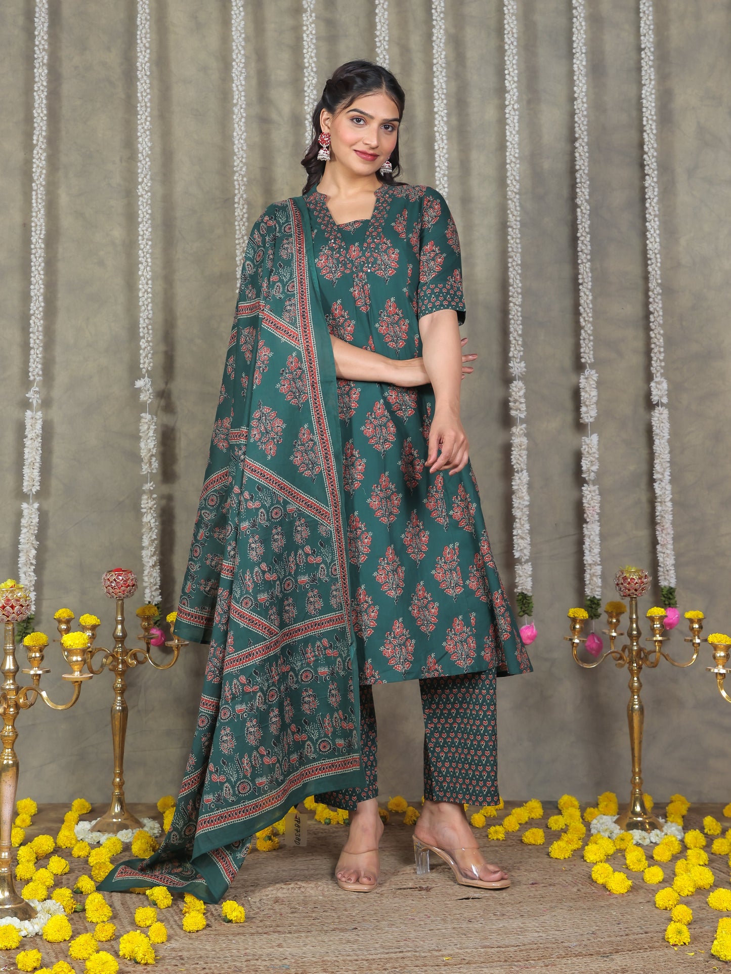 Cotton Voile Floral Green Dupatta