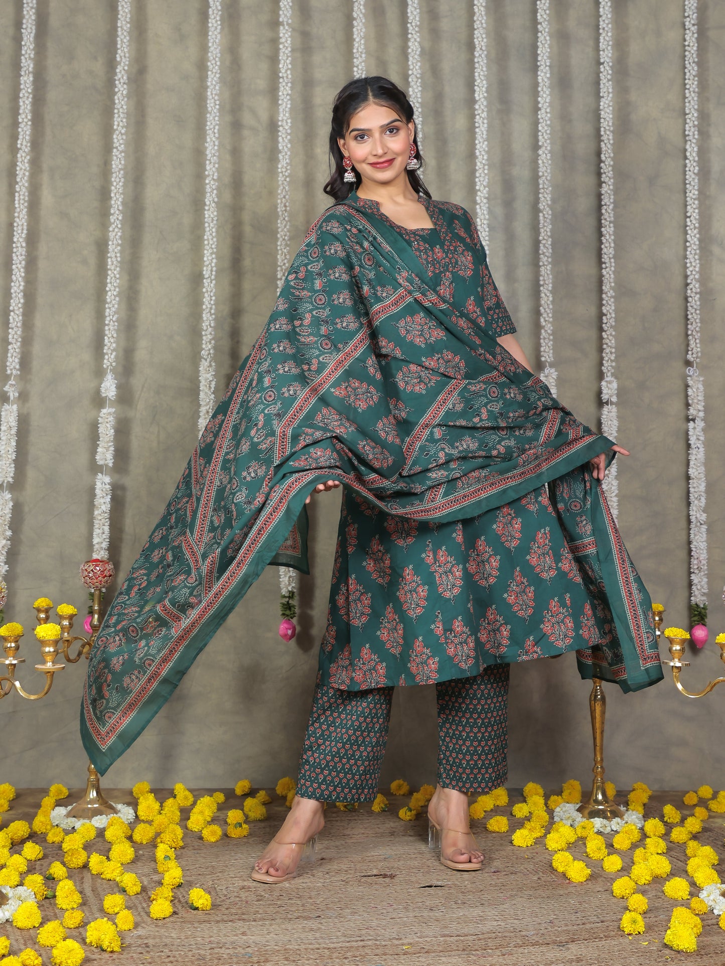 Cotton Voile Floral Green Dupatta