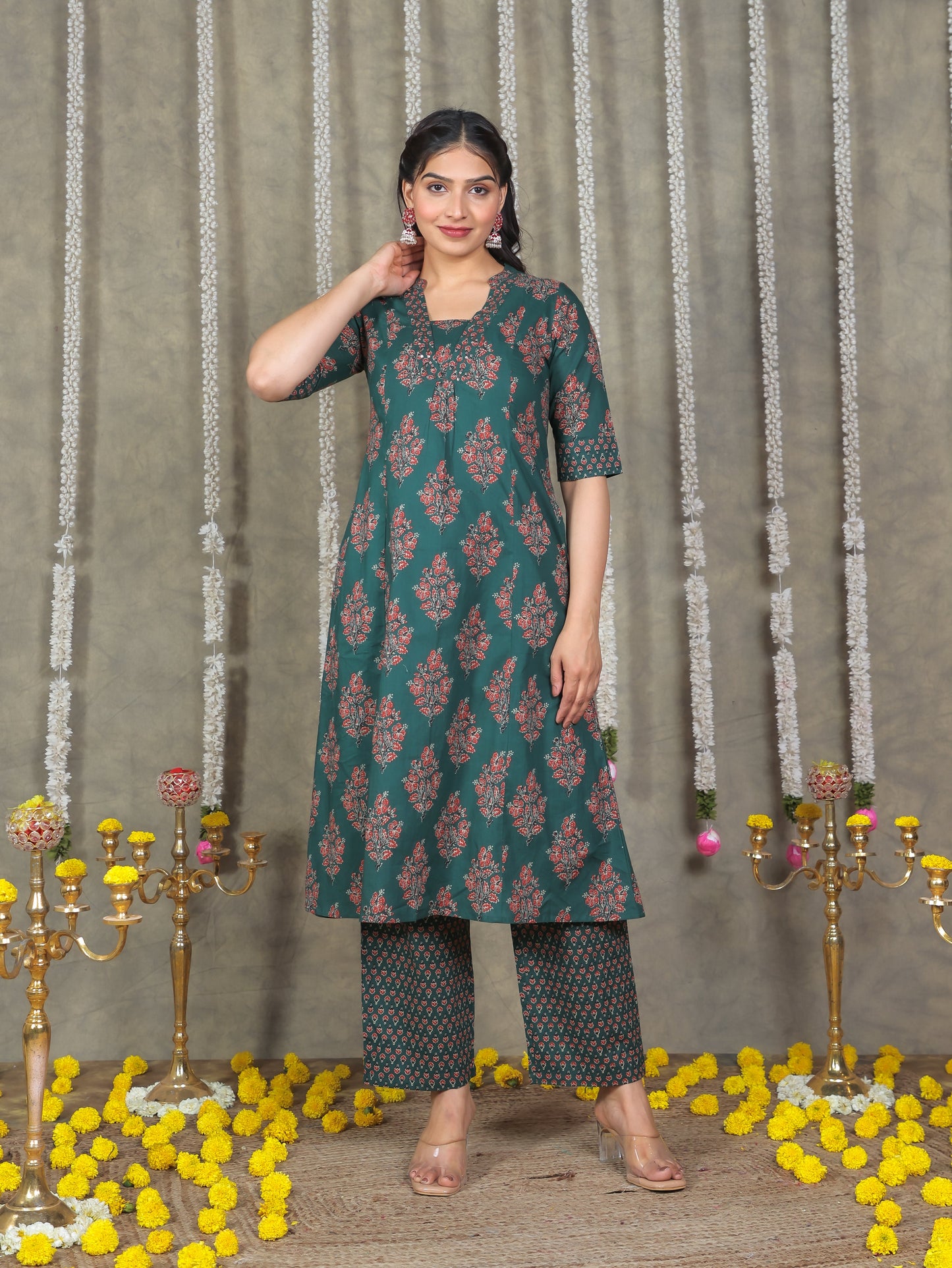 Embroidered Soft Cotton Block Print A-line Green Kurta