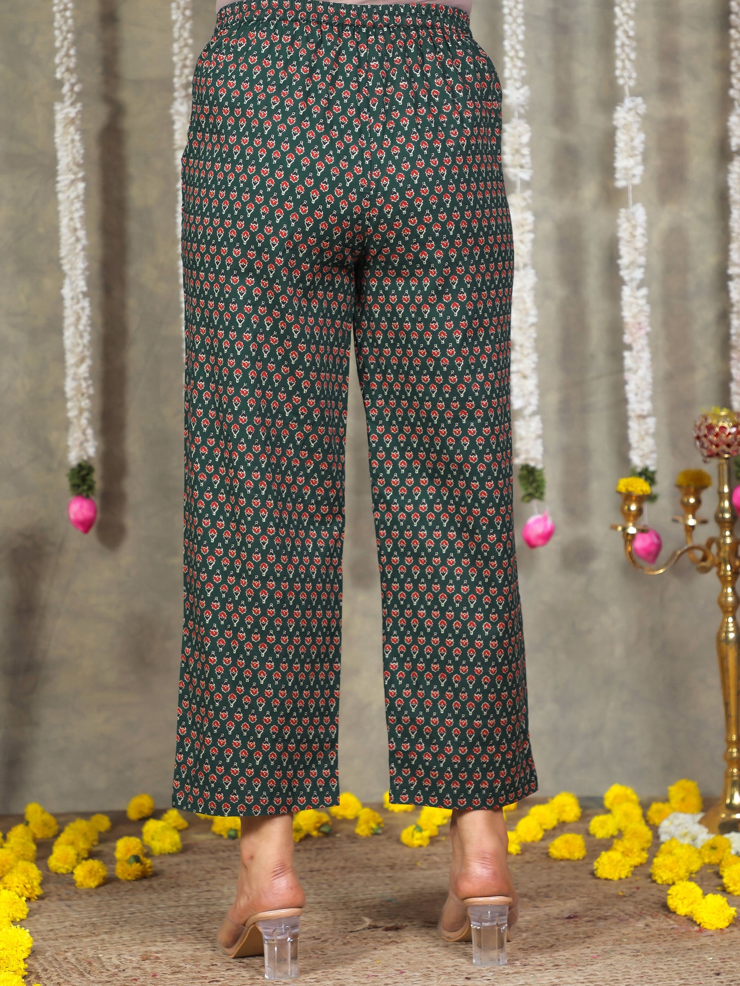 Embroidered Soft Cotton Block Print A-line Green Kurta