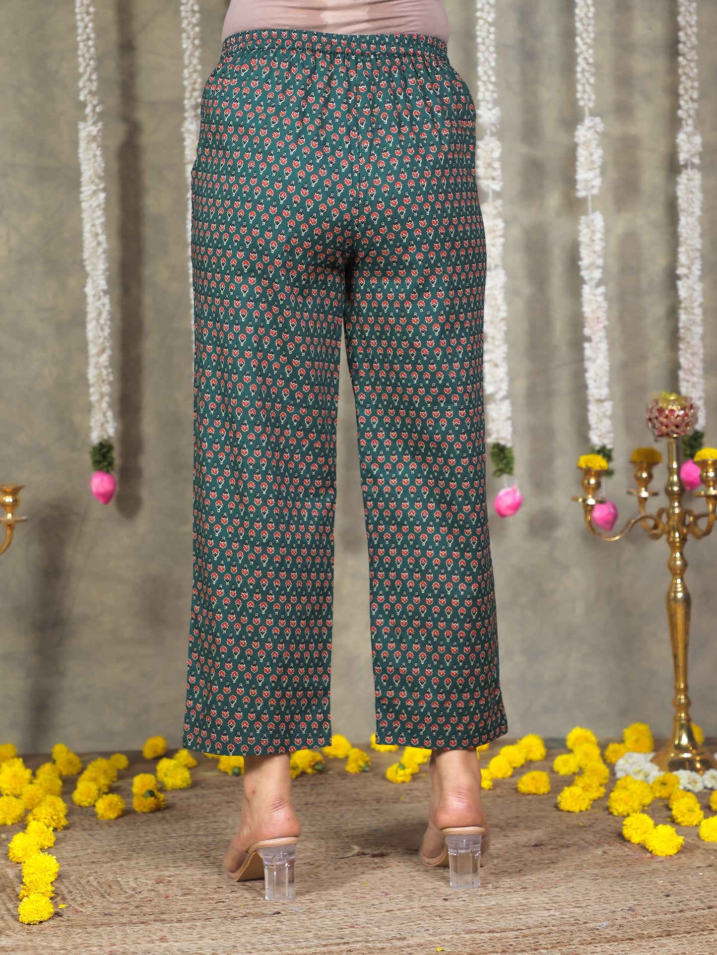 Embroidered Soft Cotton Block Print A-line Green Kurta