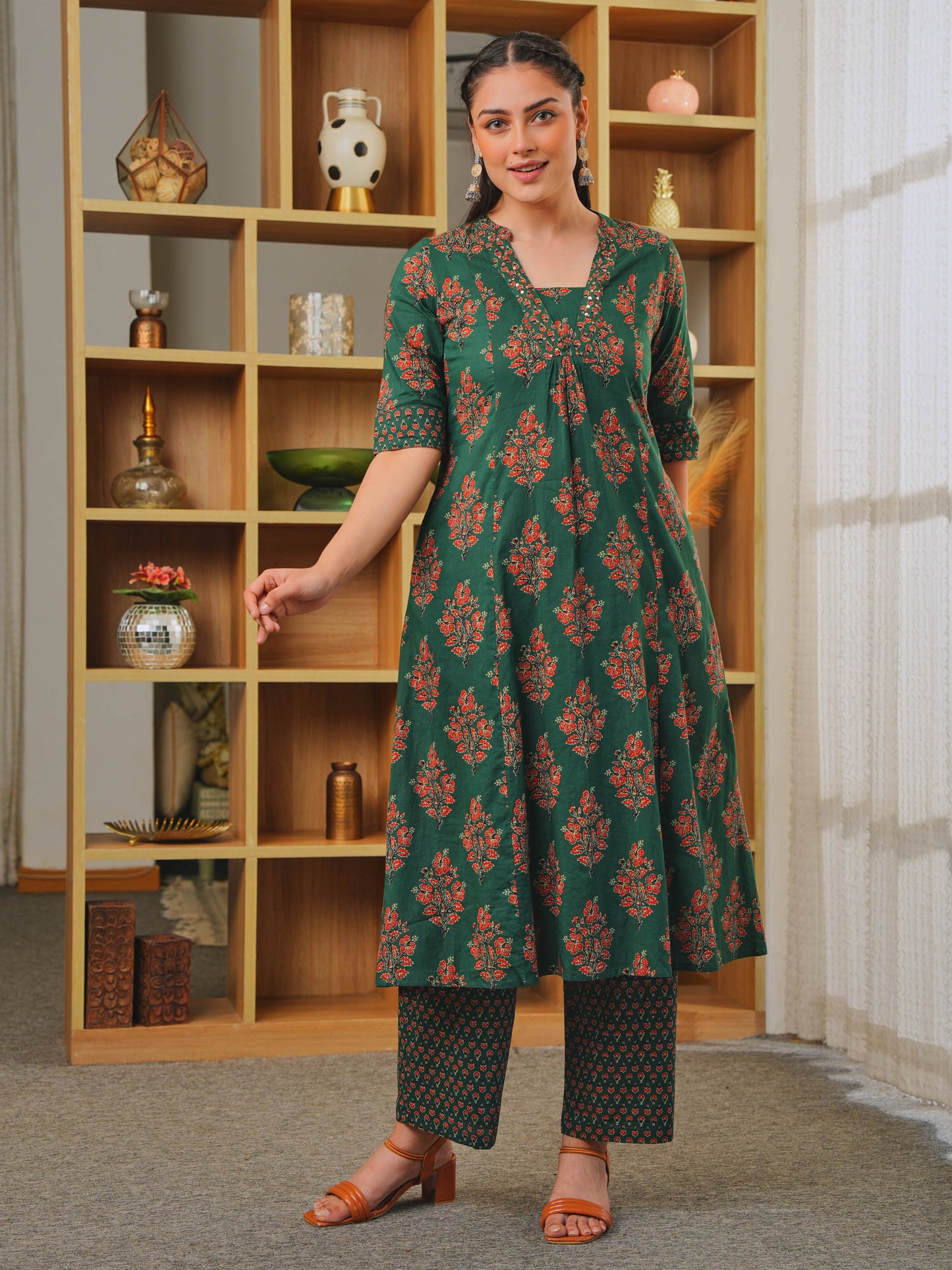 Embroidered Soft Cotton Block Print A-line Green Kurta