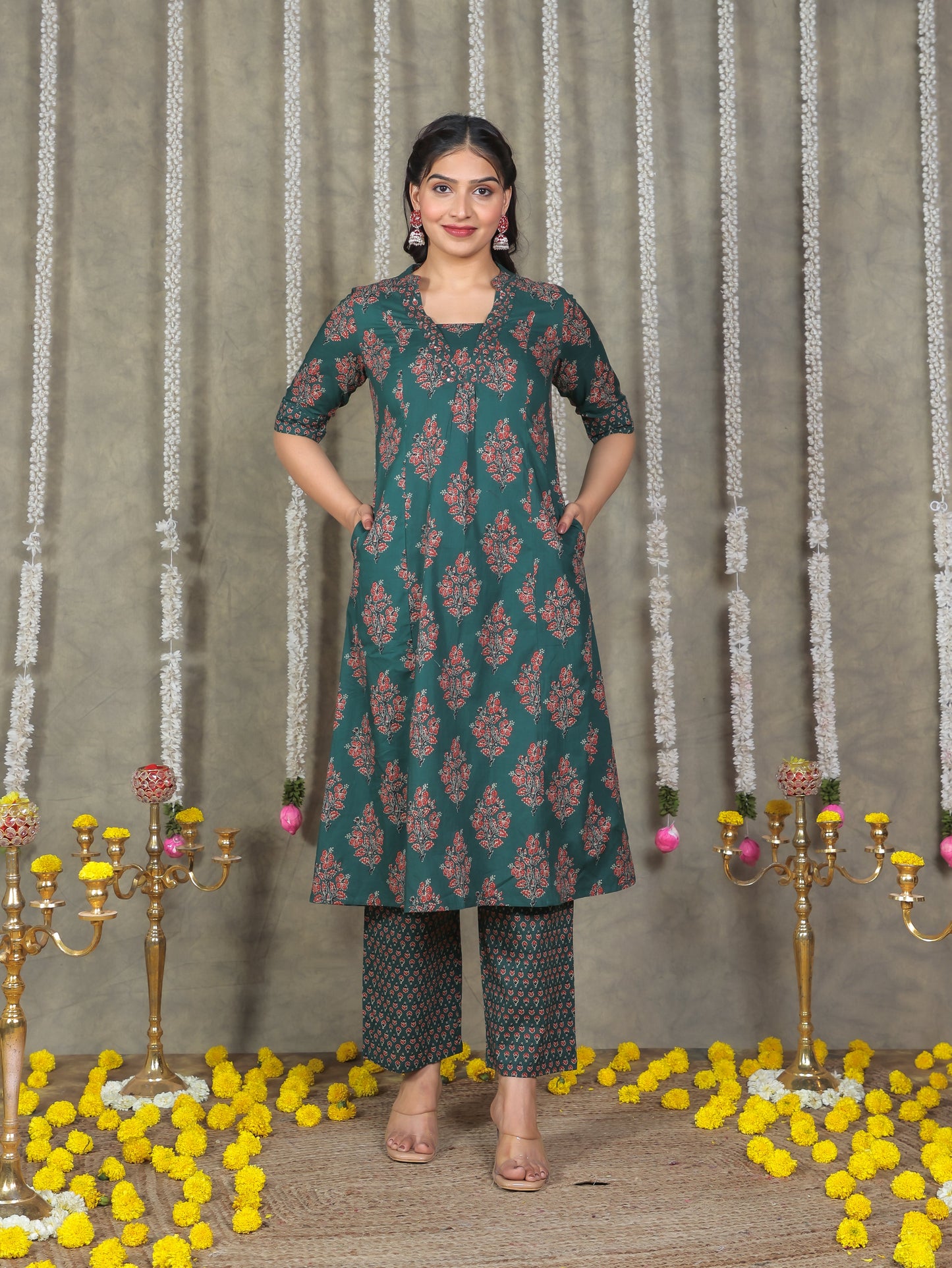 Embroidered Soft Cotton Block Print A-line Green Kurta