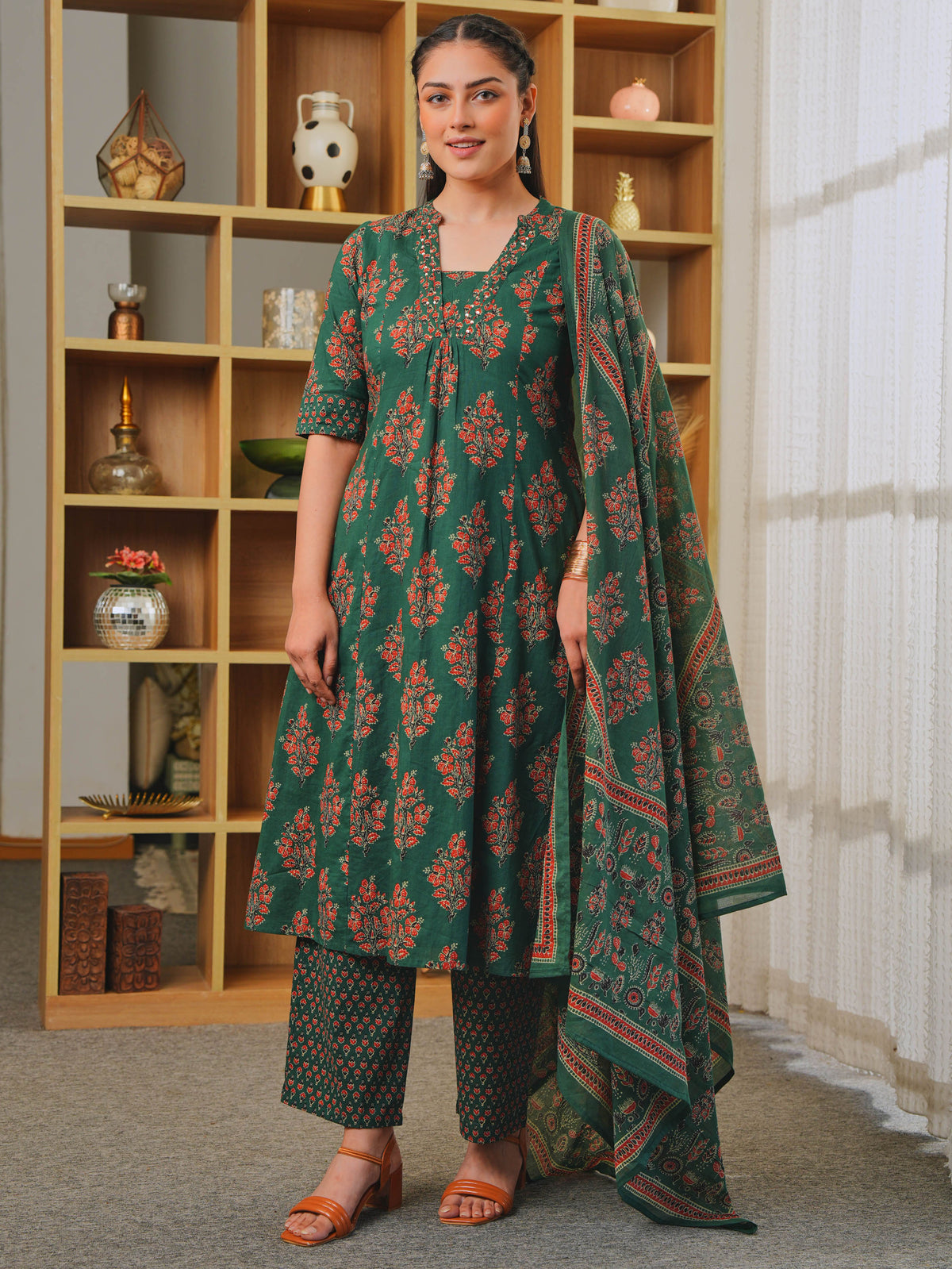 Embroidered Soft Cotton Block Print A-line Green Kurta