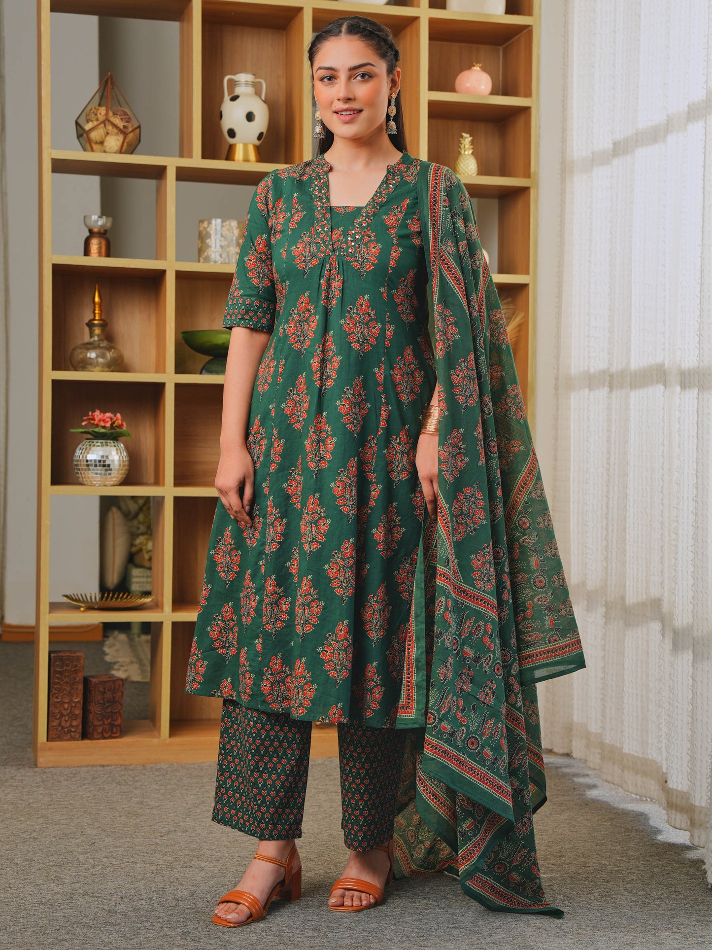 Embroidered Soft Cotton Block Print A-line Green Kurta