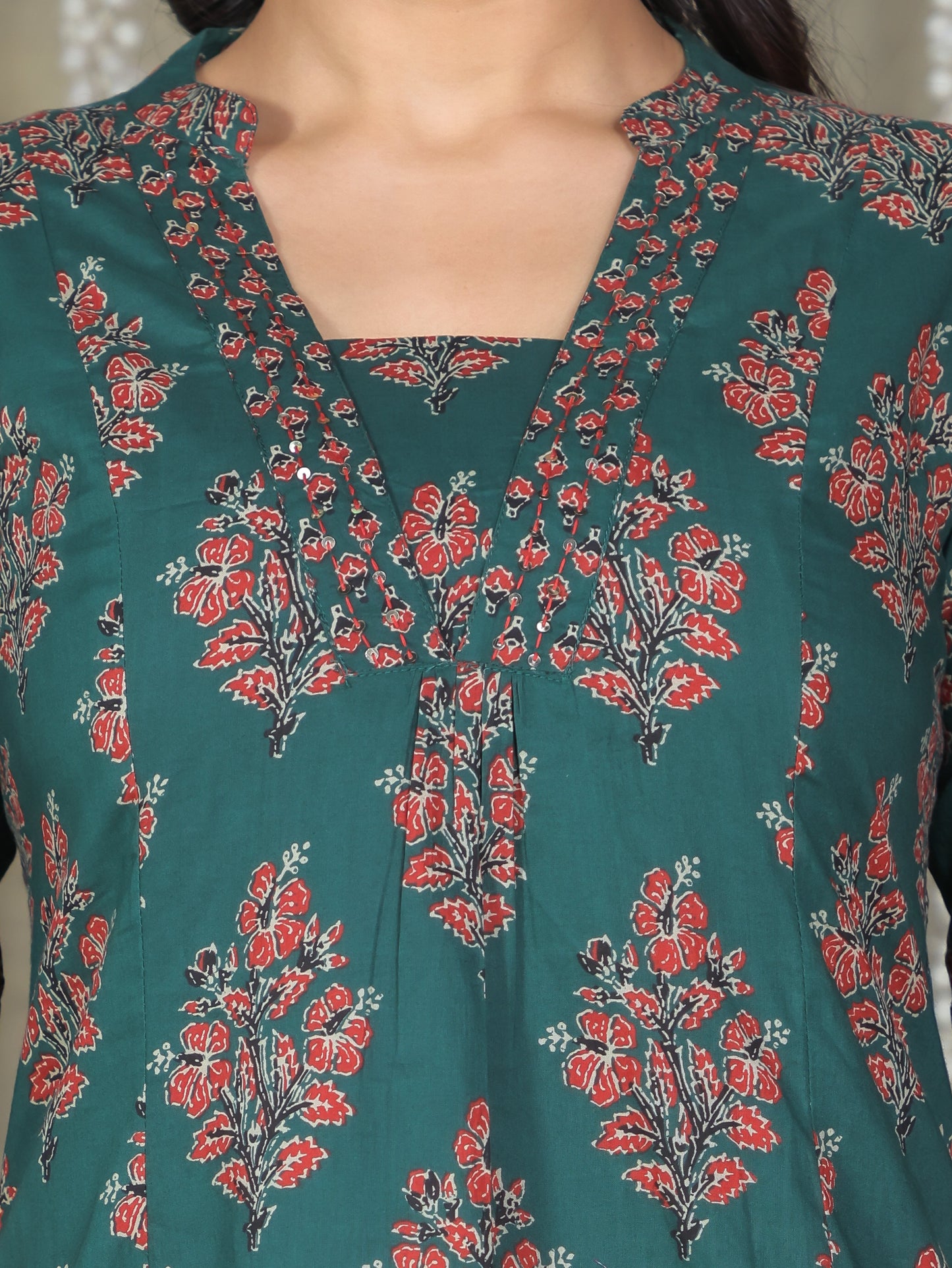 Embroidered Soft Cotton Block Print A-line Green Kurta