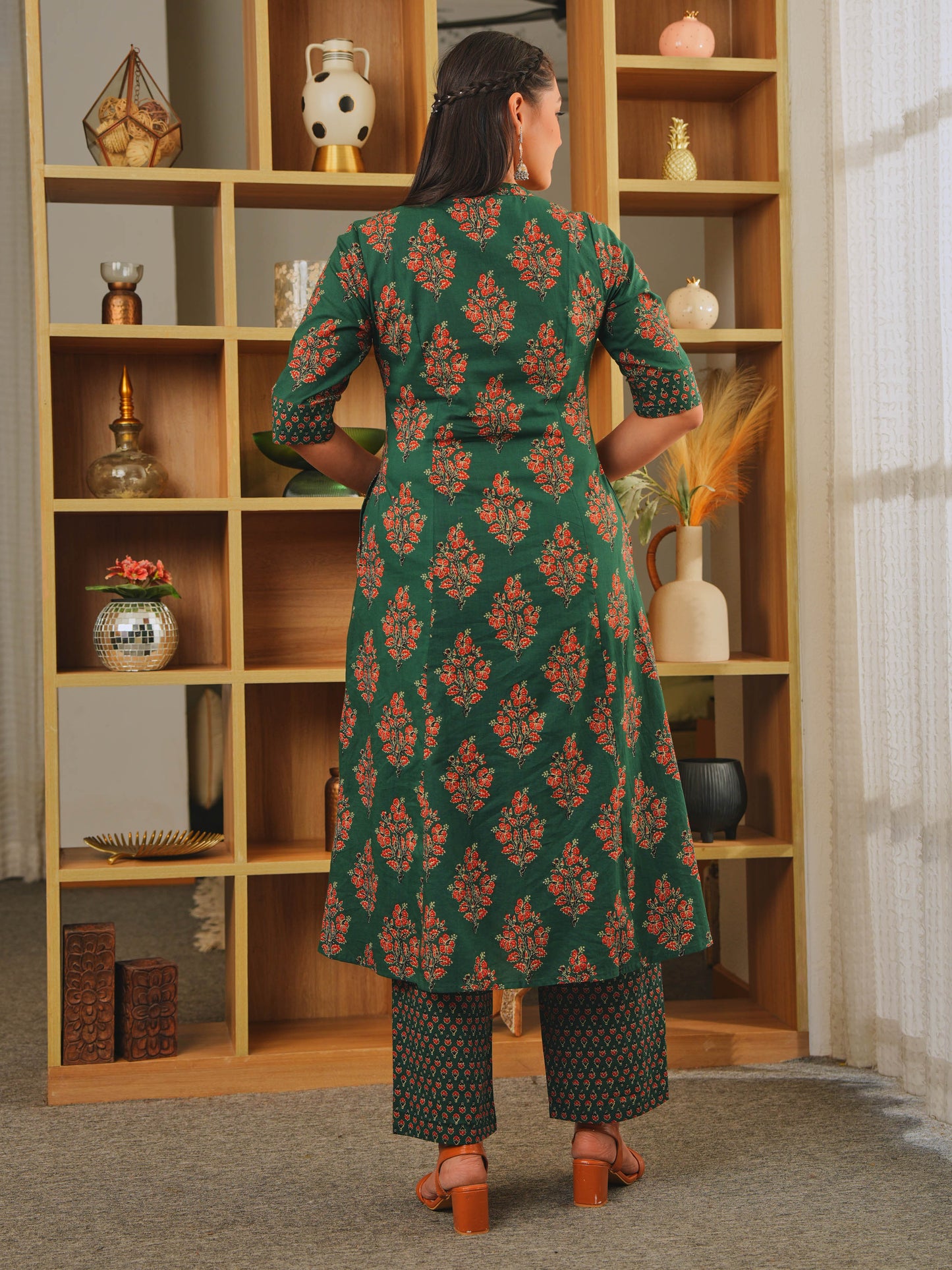 Embroidered Soft Cotton Block Print A-line Green Kurta