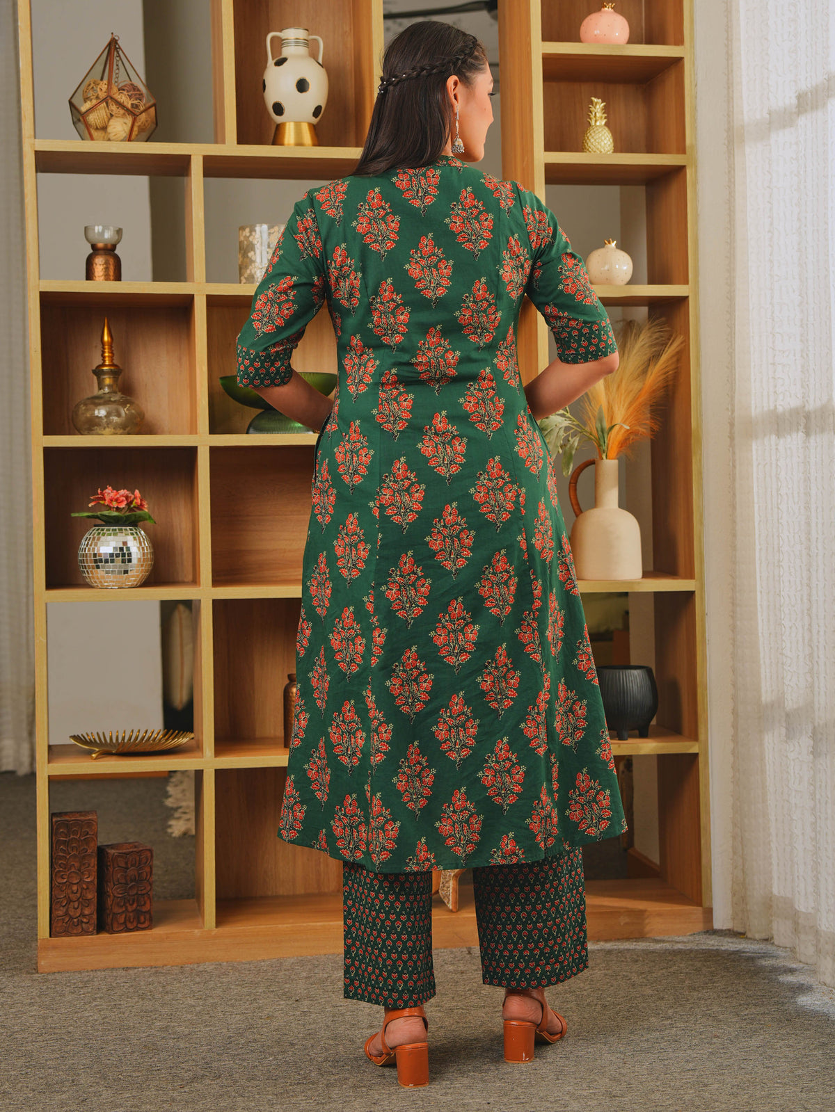 Embroidered Soft Cotton Block Print A-line Green Kurta