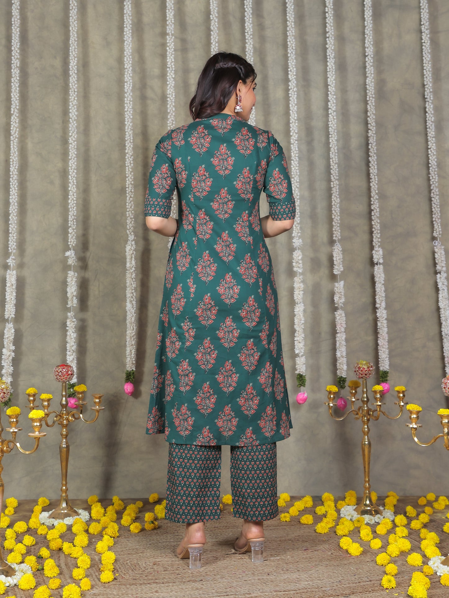 Embroidered Soft Cotton Block Print A-line Green Kurta