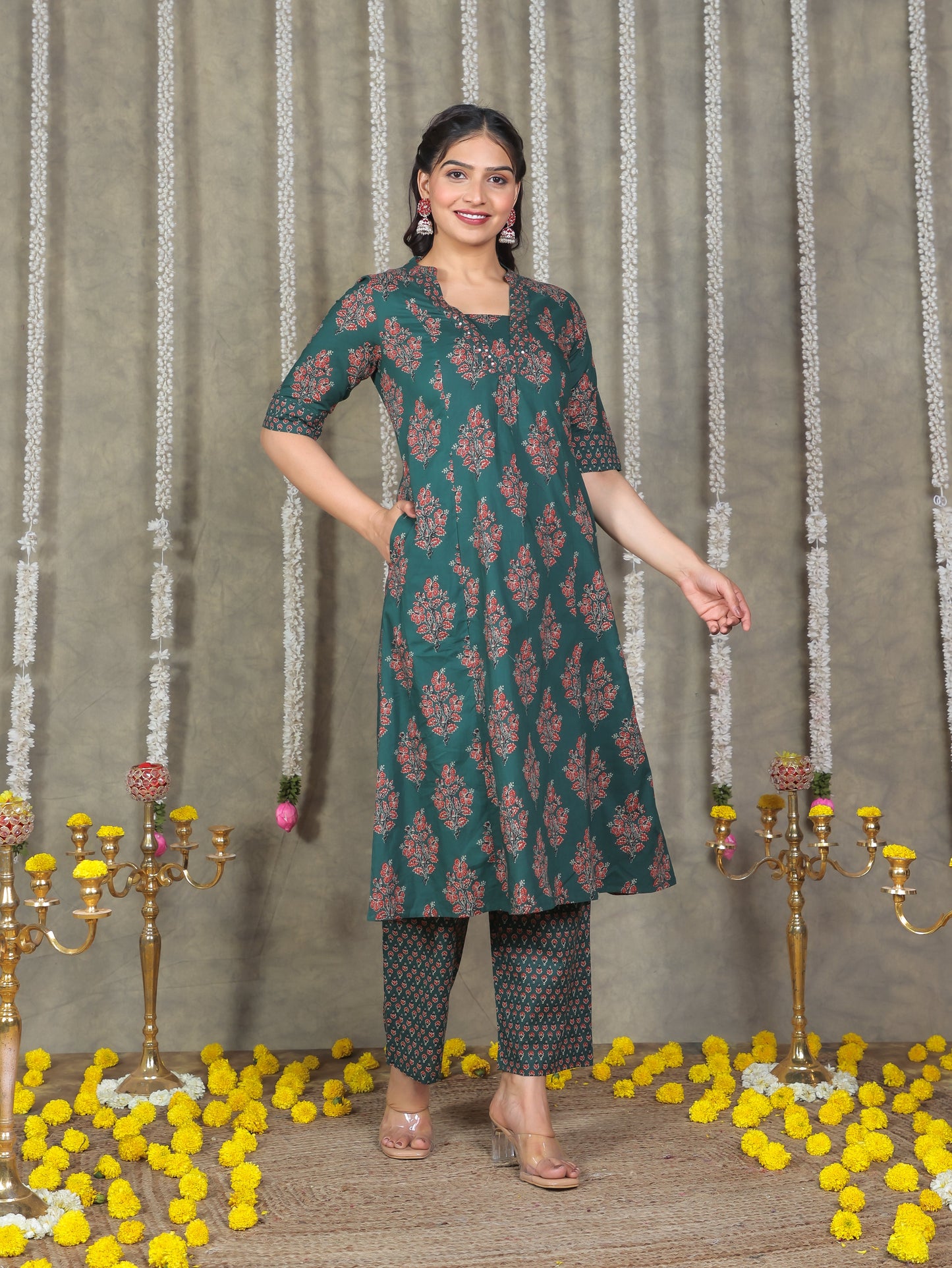 Embroidered Soft Cotton Block Print A-line Green Kurta