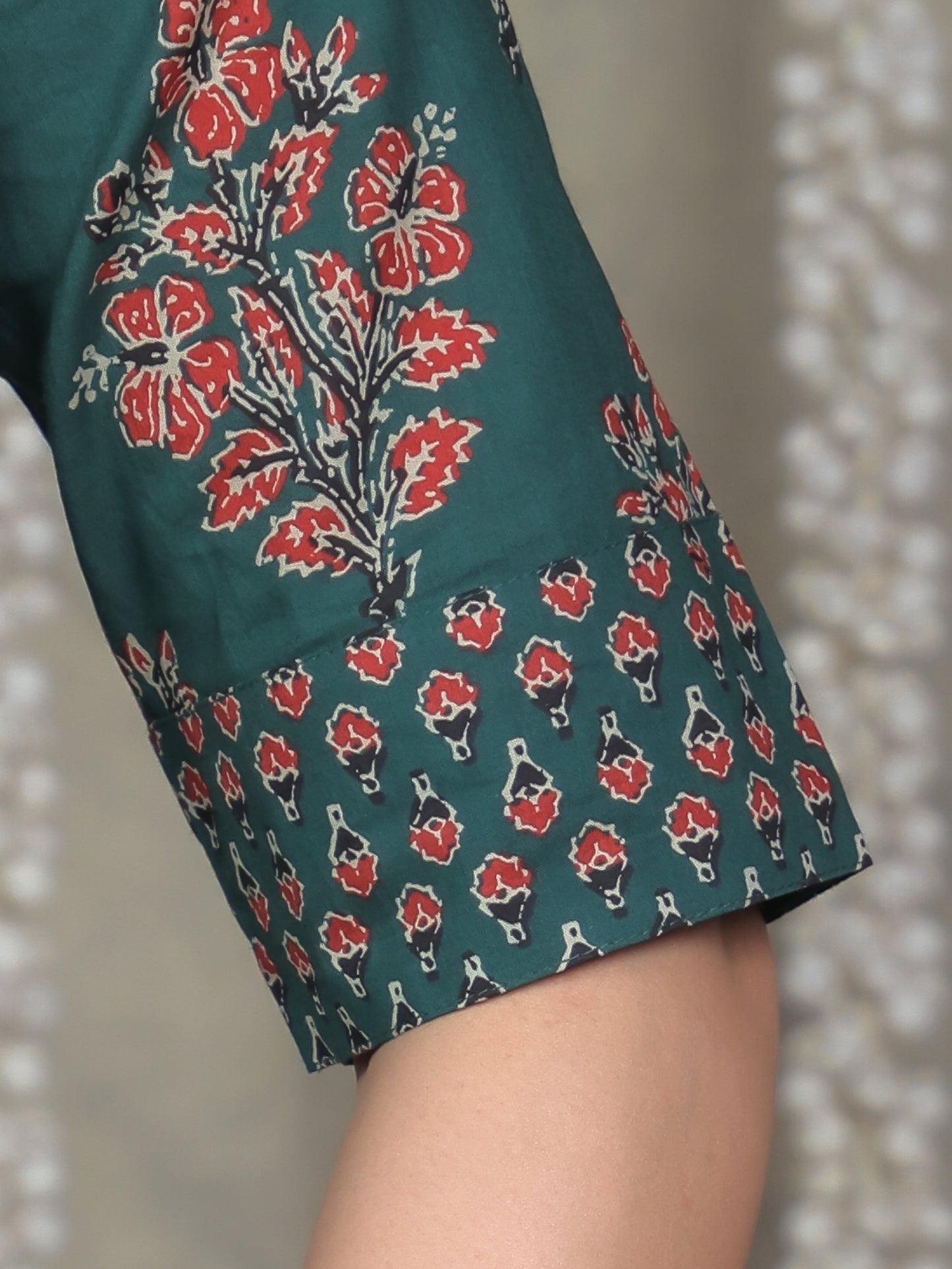 Embroidered Soft Cotton Block Print A-line Green Kurta