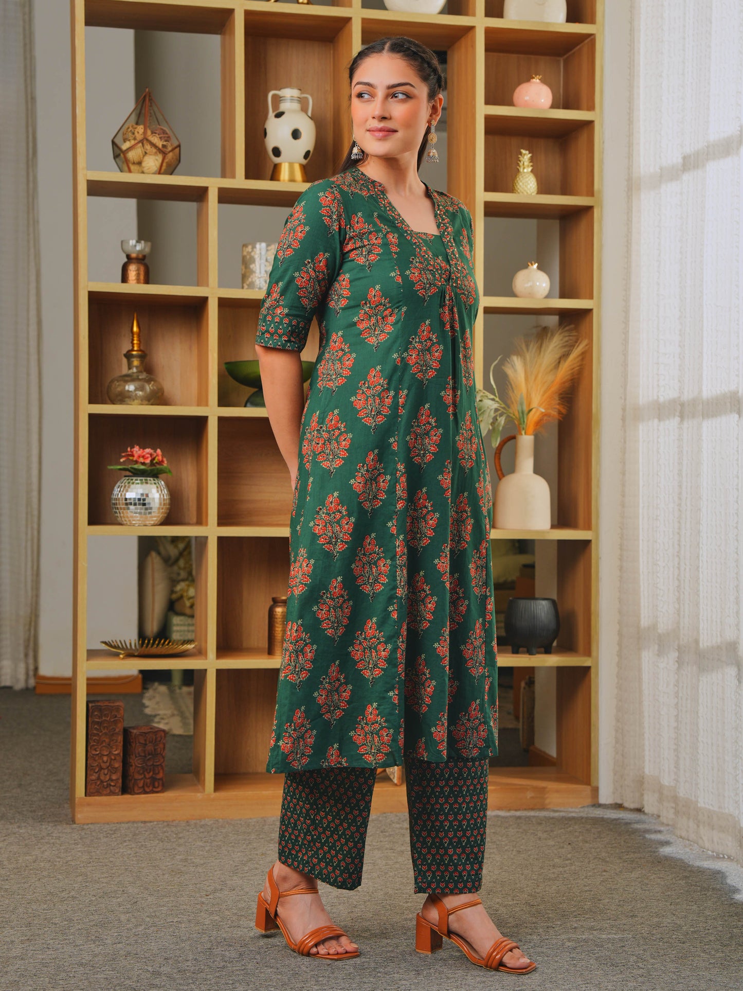 Embroidered Soft Cotton Block Print A-line Green Kurta