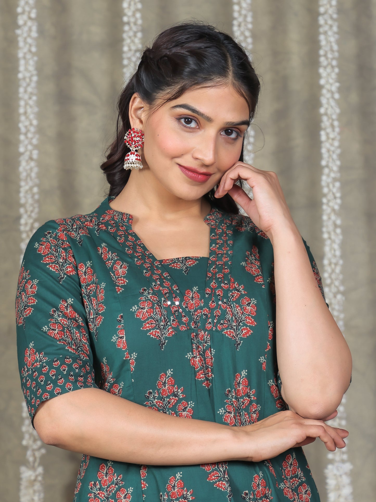 Embroidered Soft Cotton Block Print A-line Green Kurta