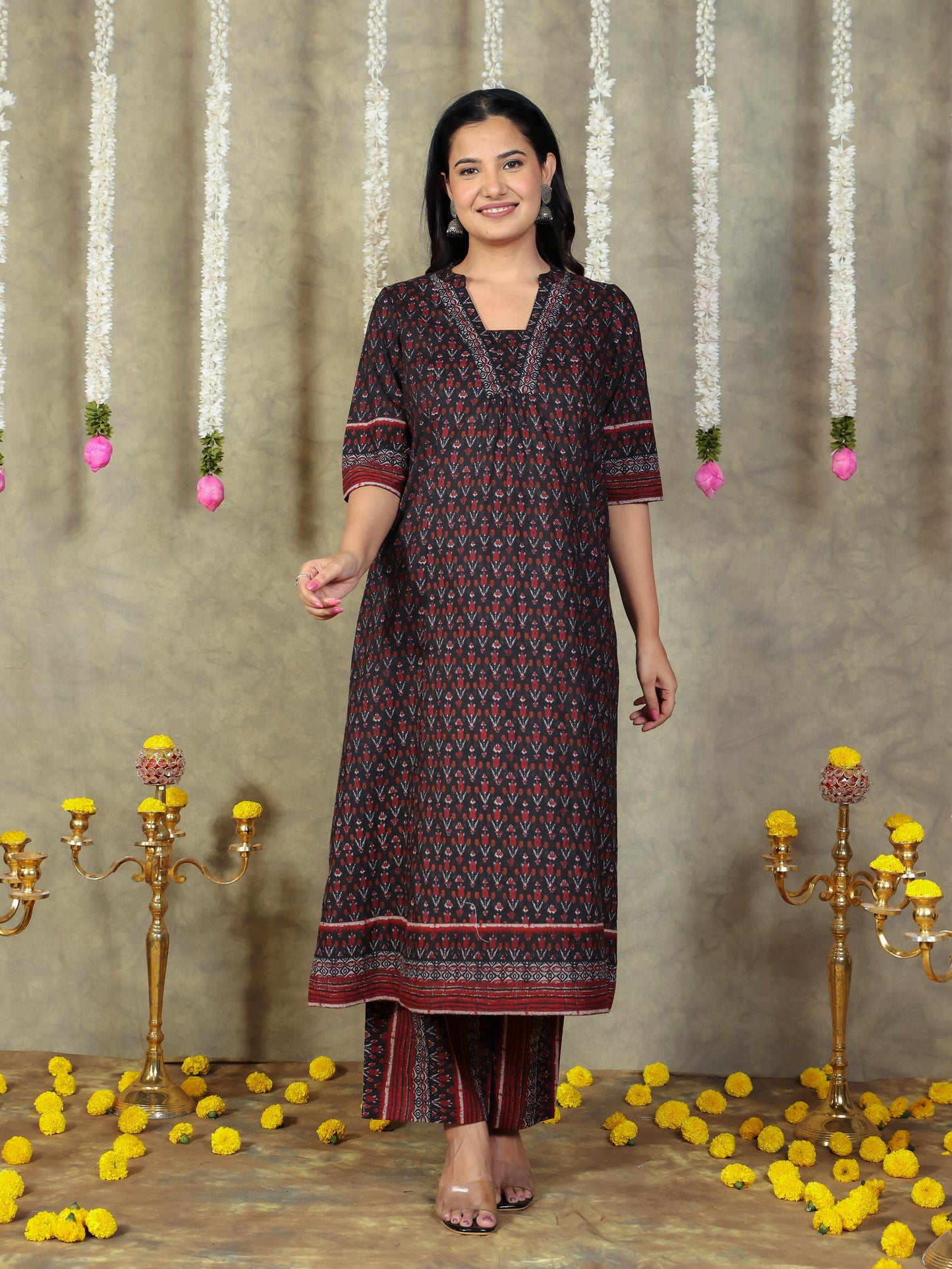 Soft Cotton Ikat Flared Black Kurta