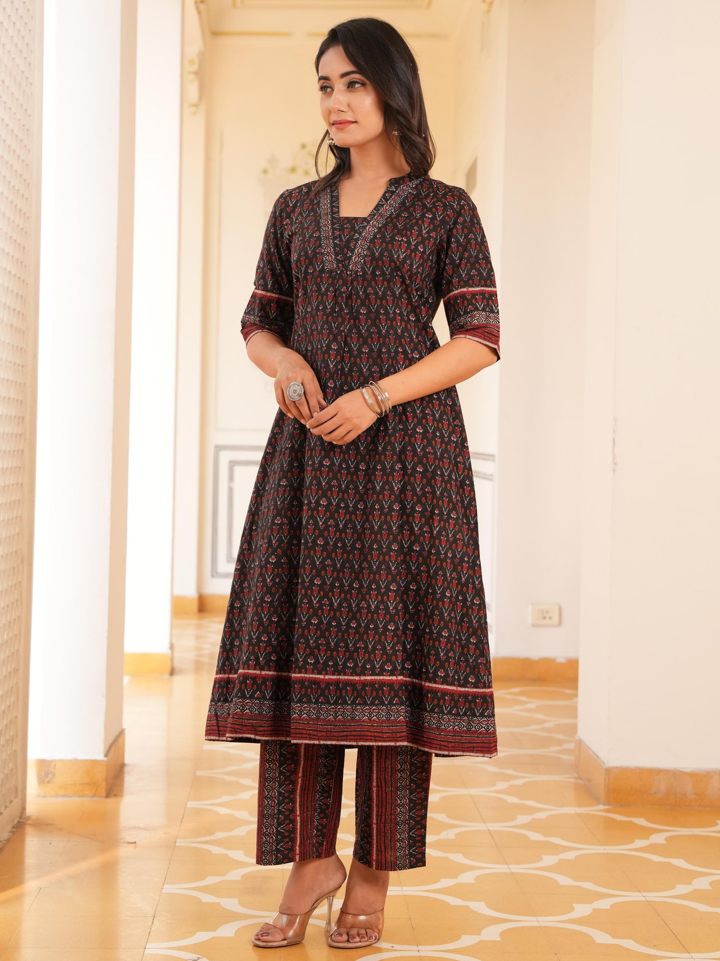 Soft Cotton Ikat Flared Black Kurta
