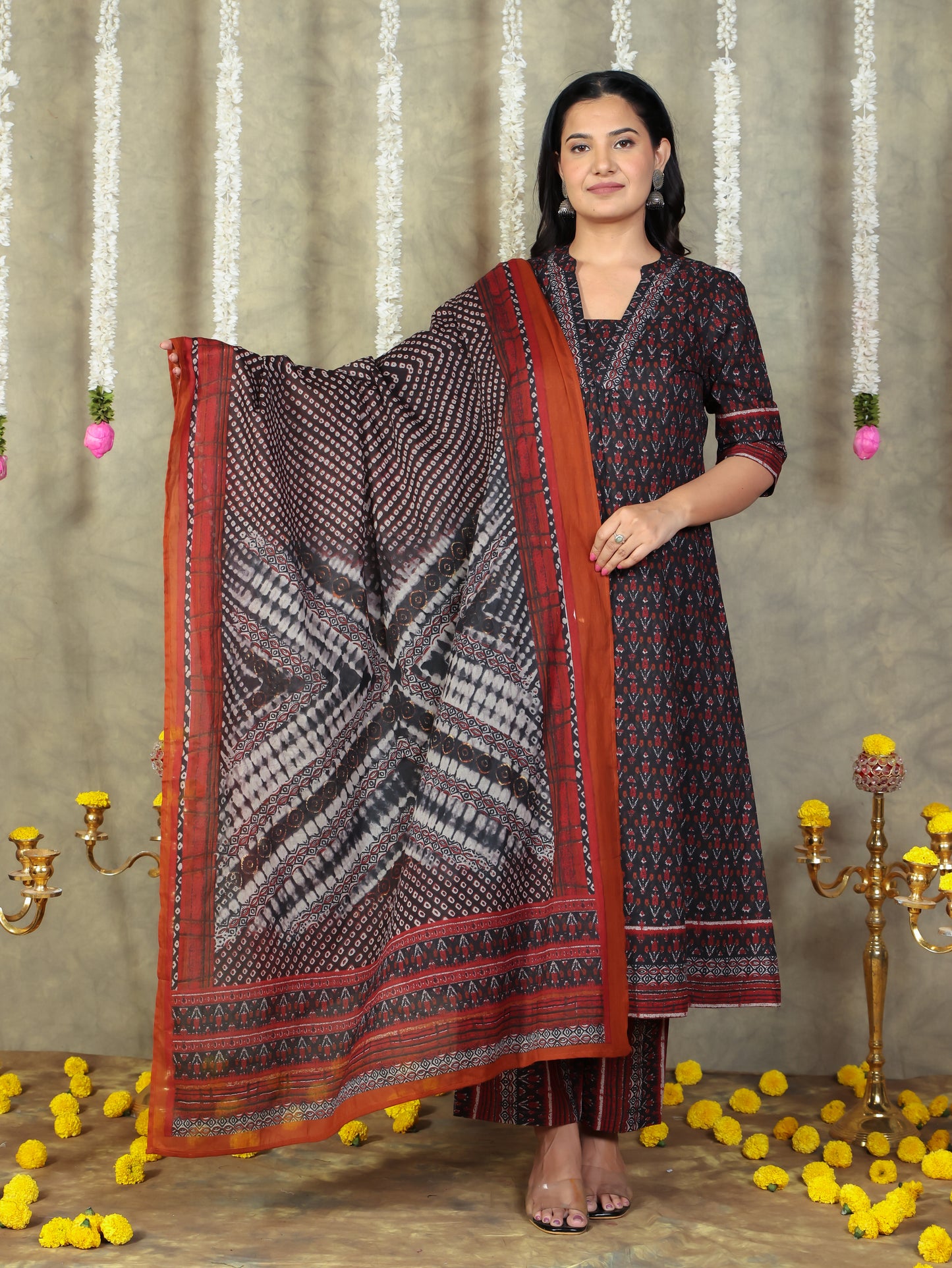 Soft Cotton Ikat Flared Black Kurta