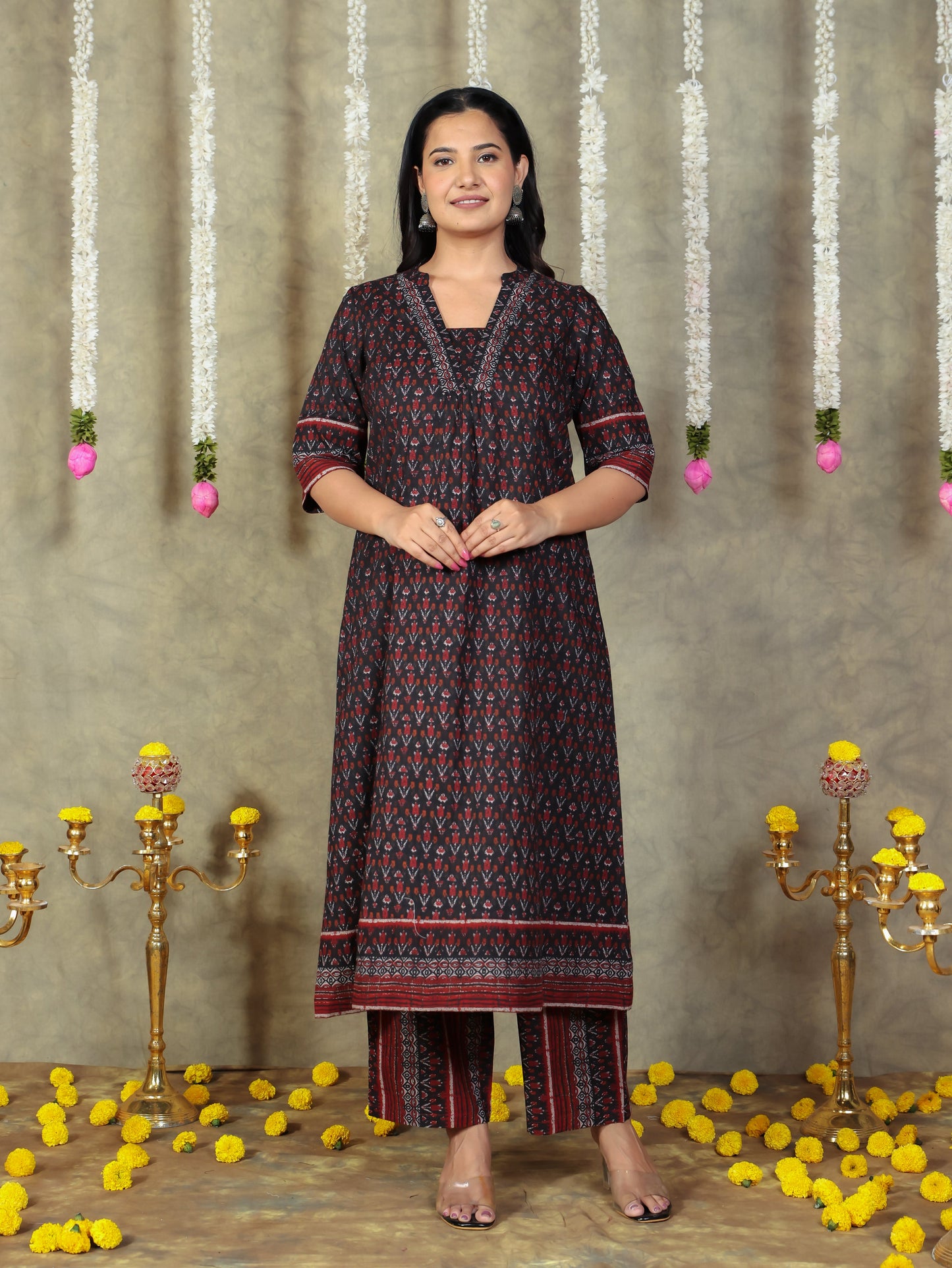 Soft Cotton Ikat Flared Black Kurta