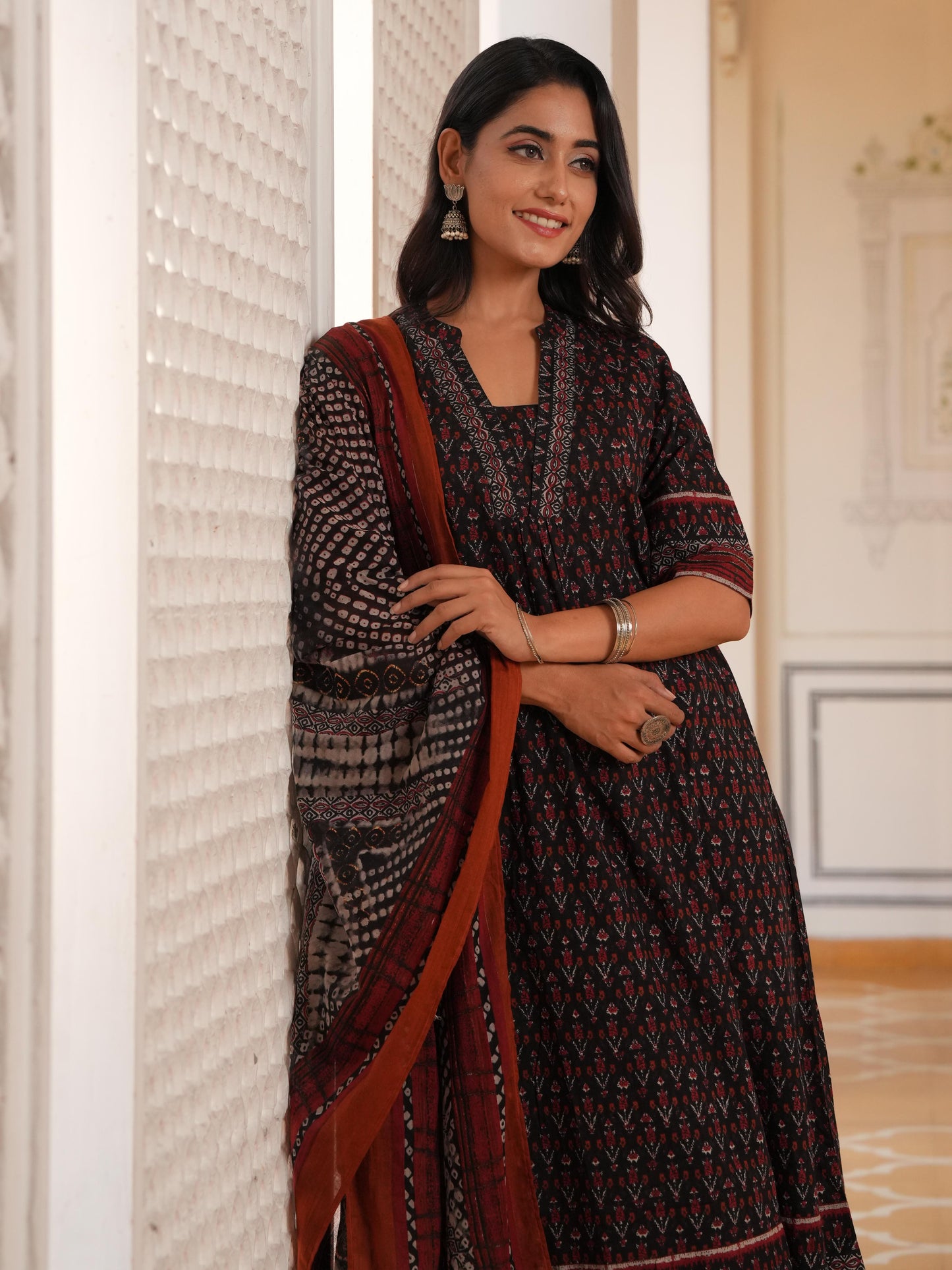 Soft Cotton Ikat Flared Black Kurta