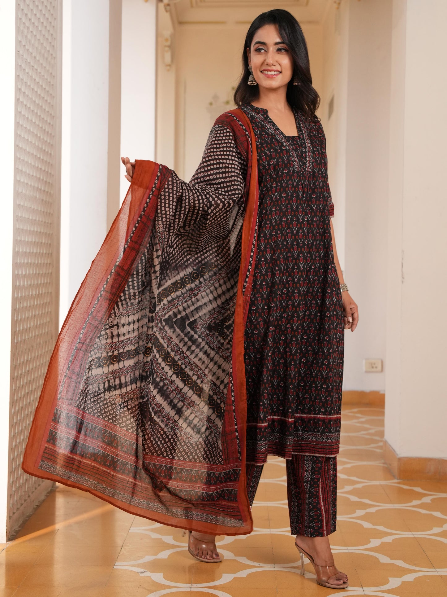 Soft Cotton Ikat Flared Black Kurta