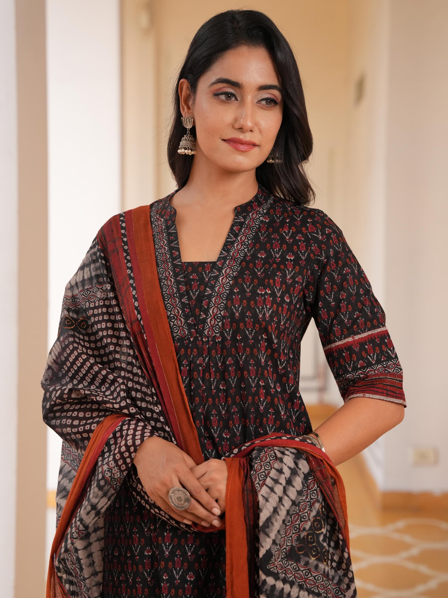 Soft Cotton Ikat Flared Black Kurta