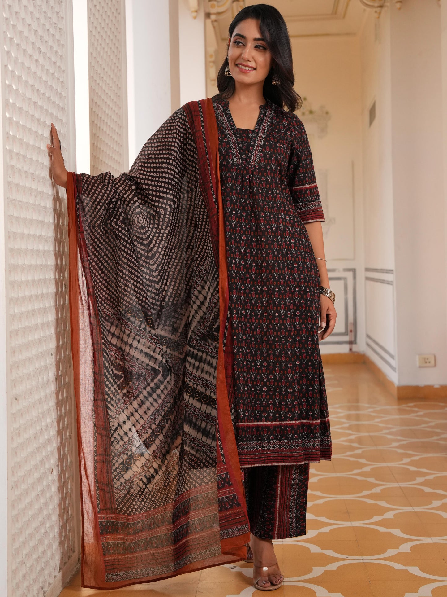 Soft Cotton Ikat Flared Black Kurta