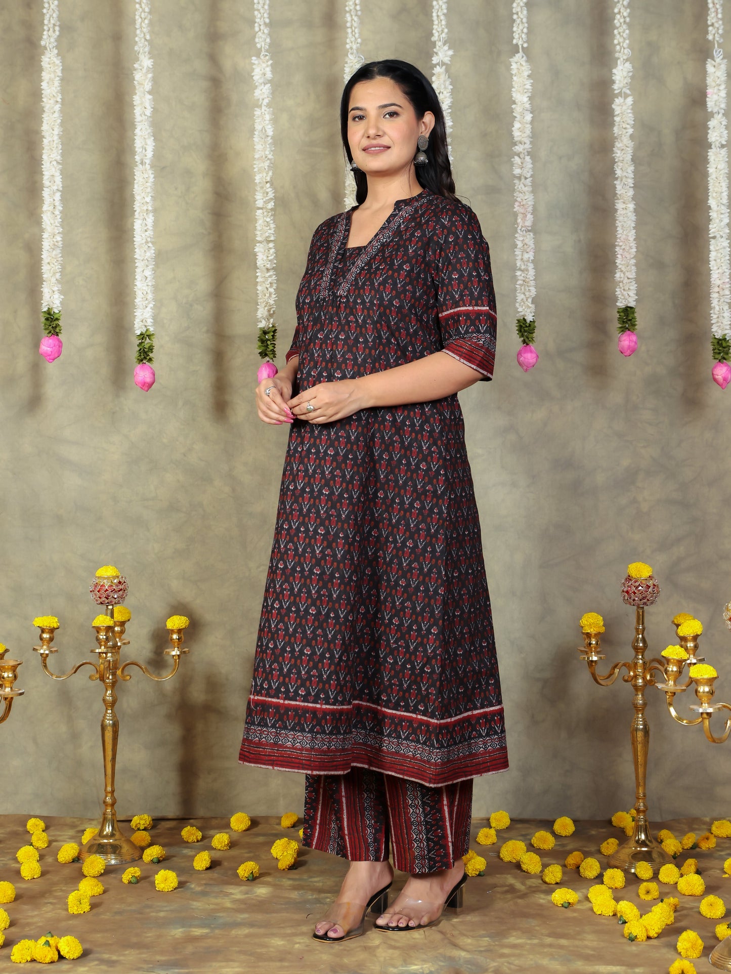 Soft Cotton Ikat Flared Black Kurta