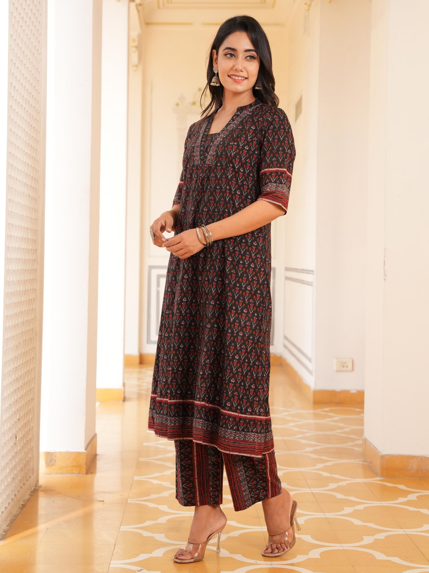 Soft Cotton Ikat Flared Black Kurta