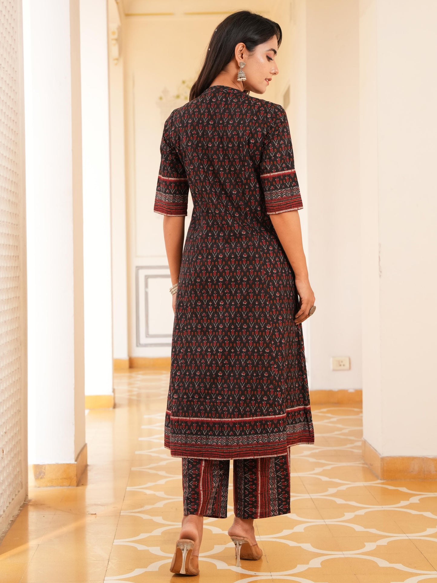 Soft Cotton Ikat Flared Black Kurta