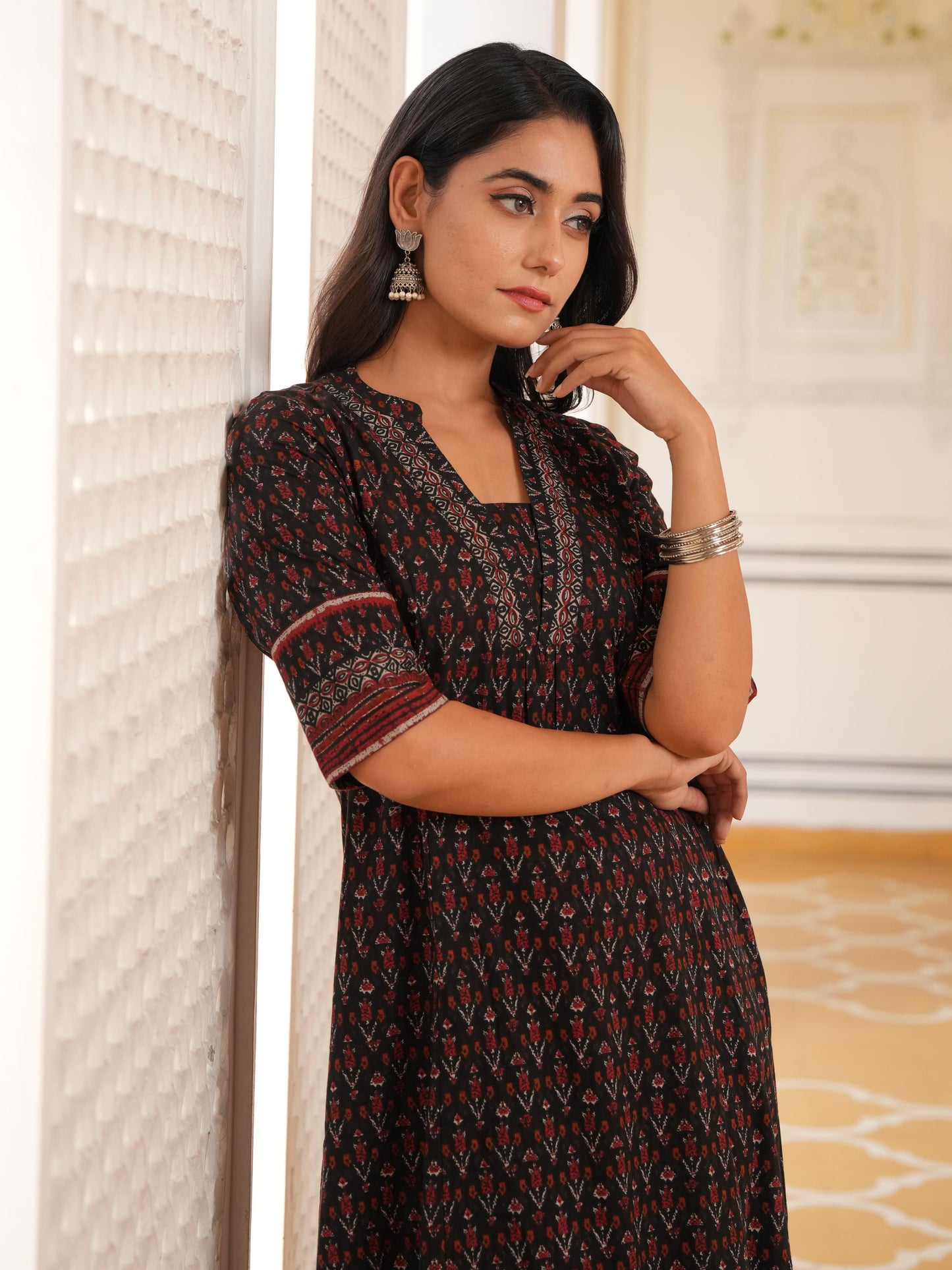 Soft Cotton Ikat Flared Black Kurta