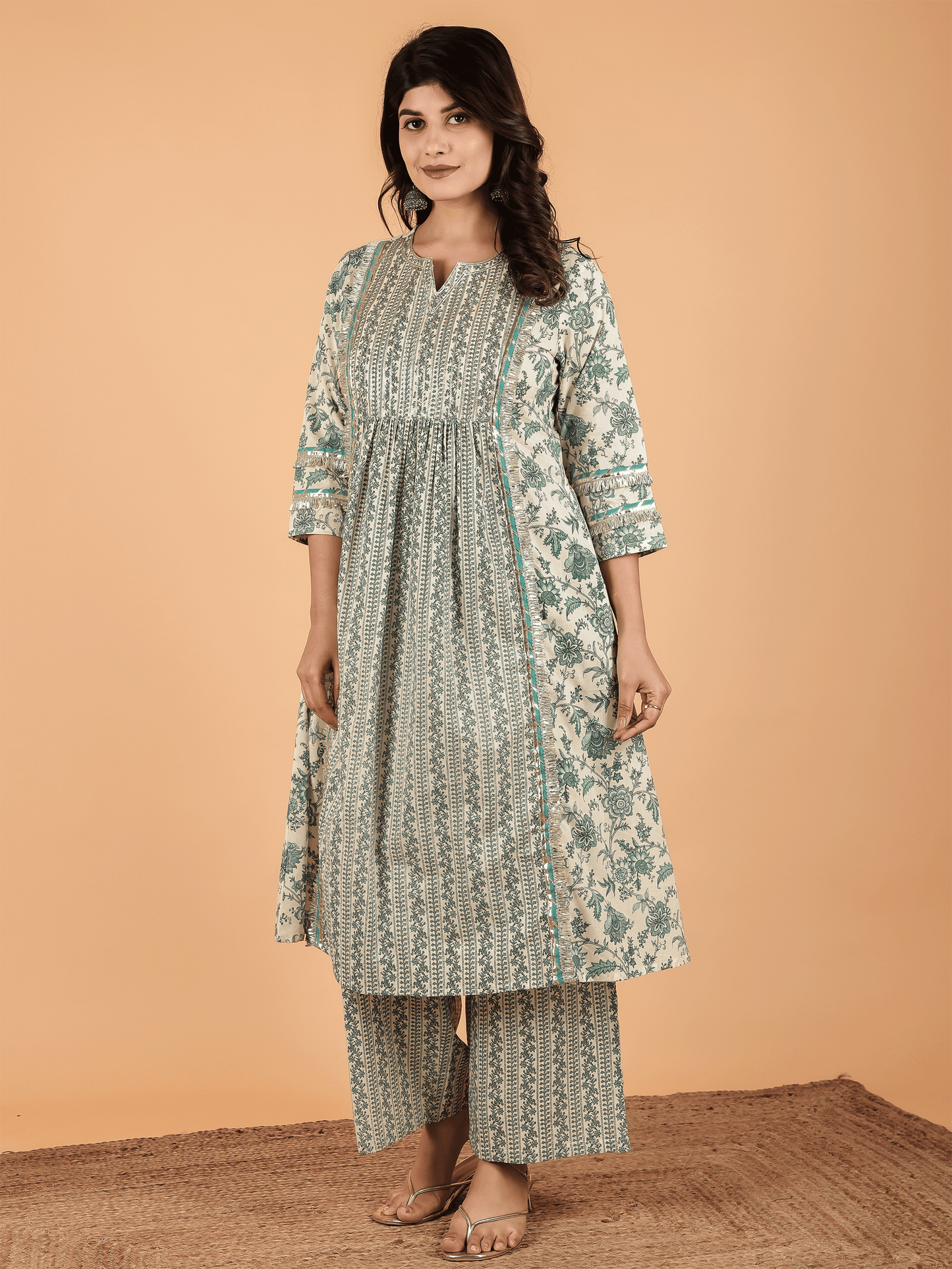 Soft Cotton Floral Panelled Cream Kurta