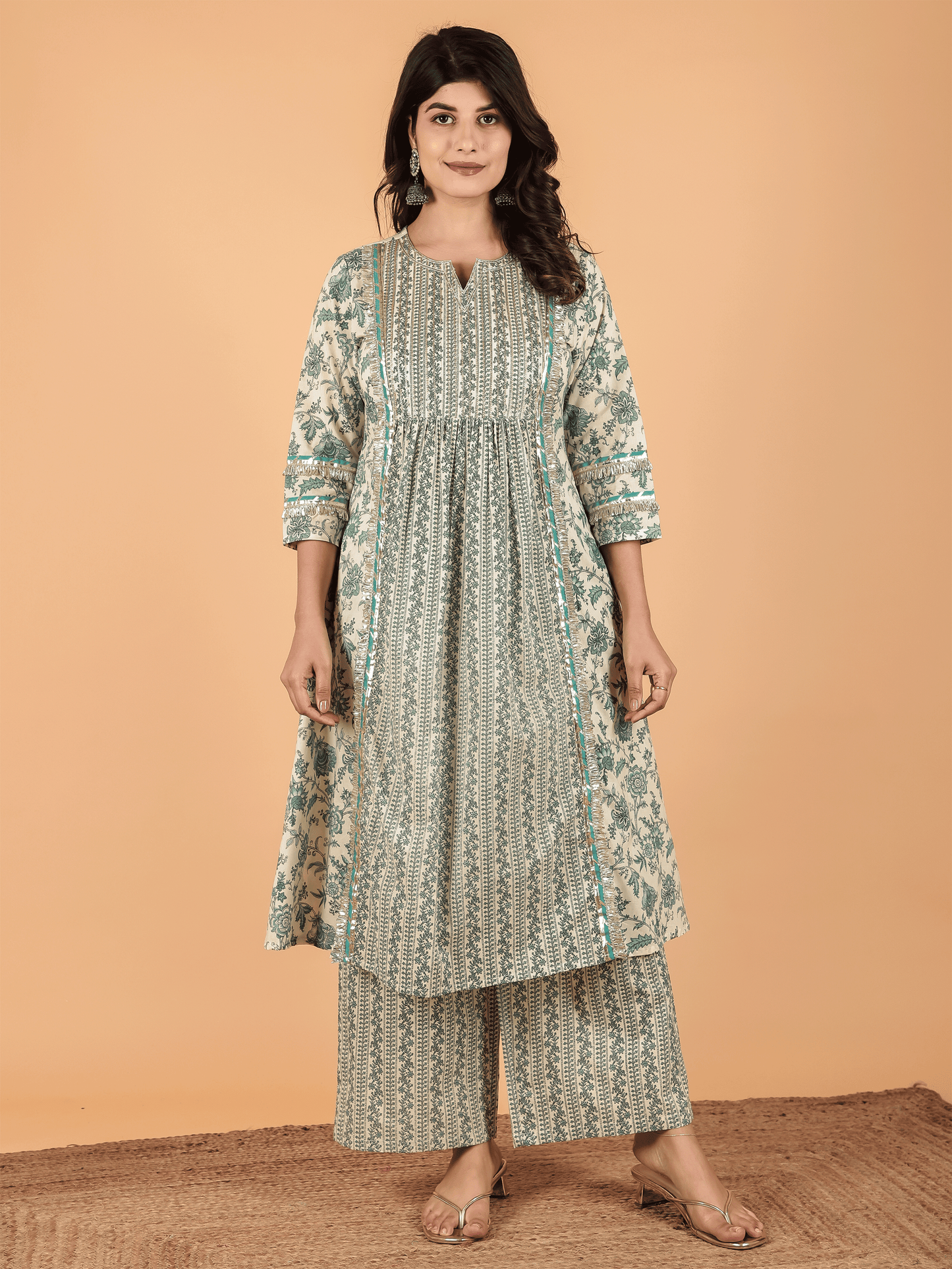 Soft Cotton Floral Panelled Cream Kurta