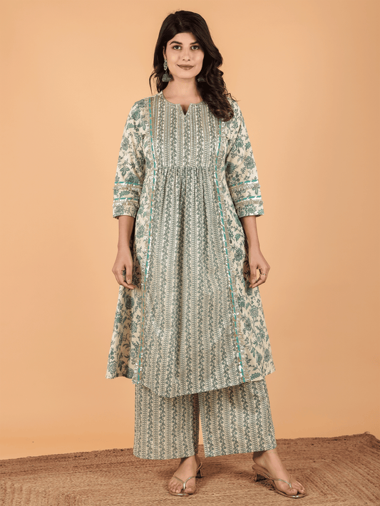 Soft Cotton Floral Panelled Cream Kurta