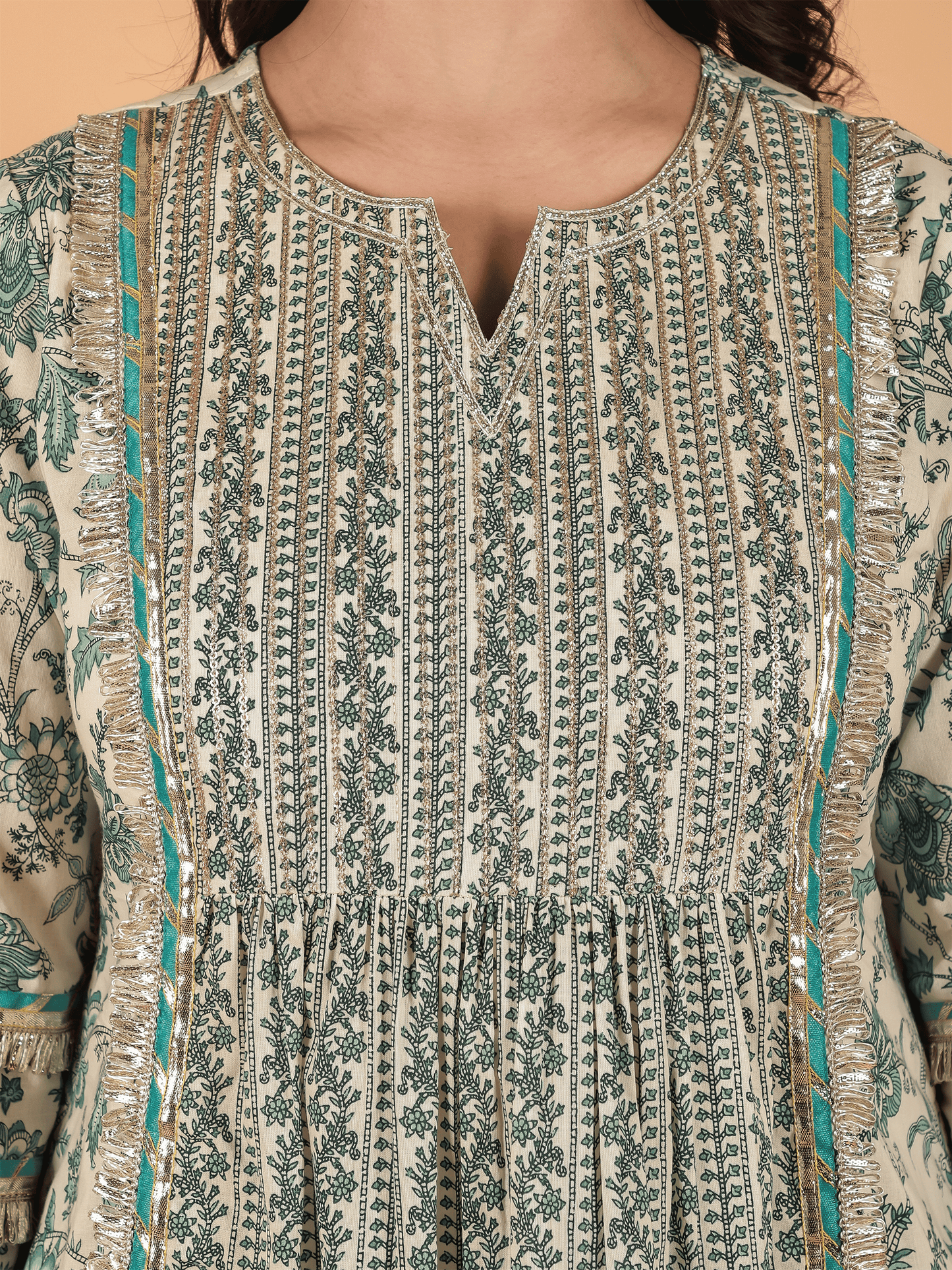 Soft Cotton Floral Panelled Cream Kurta