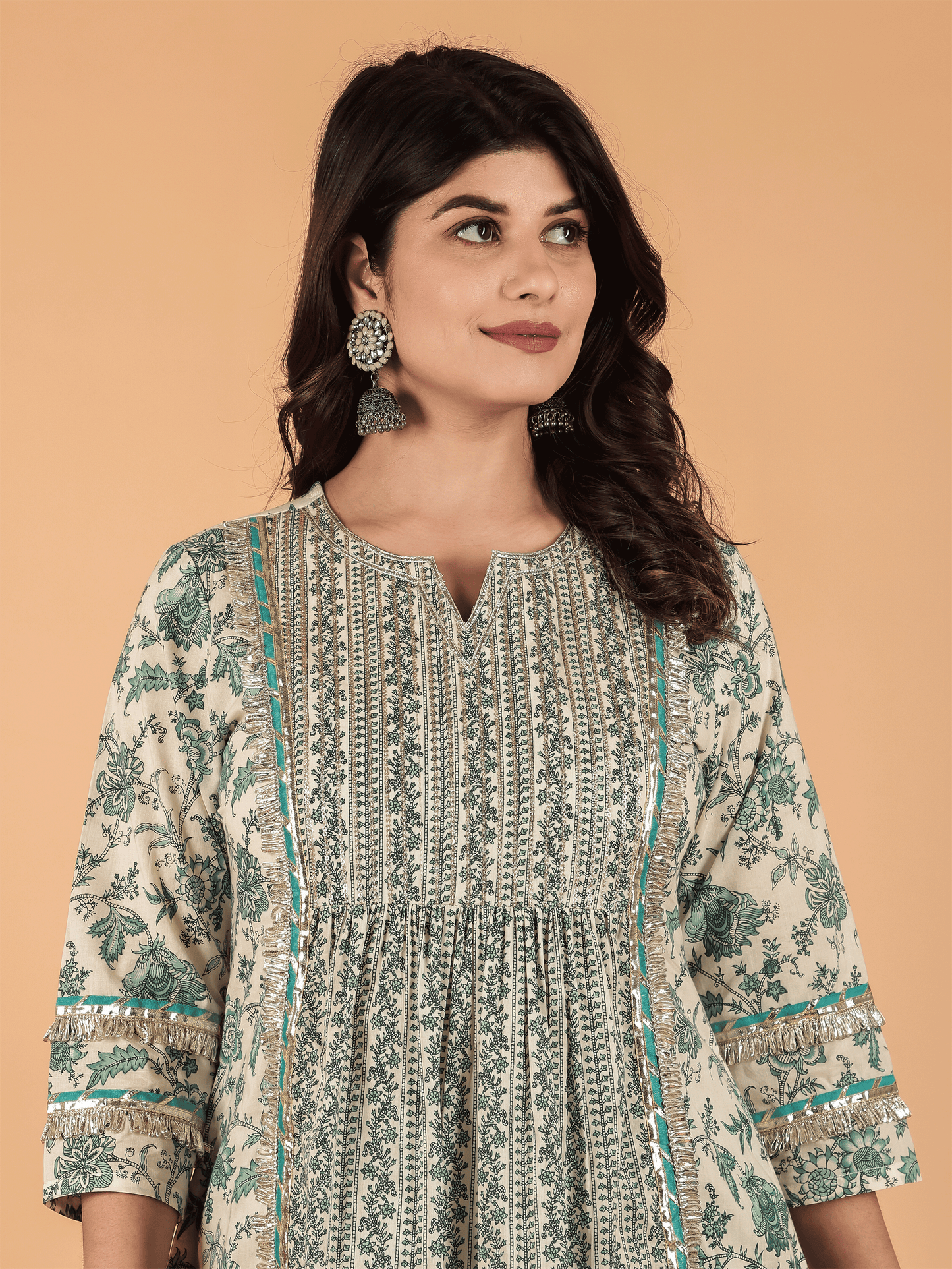 Soft Cotton Floral Panelled Cream Kurta