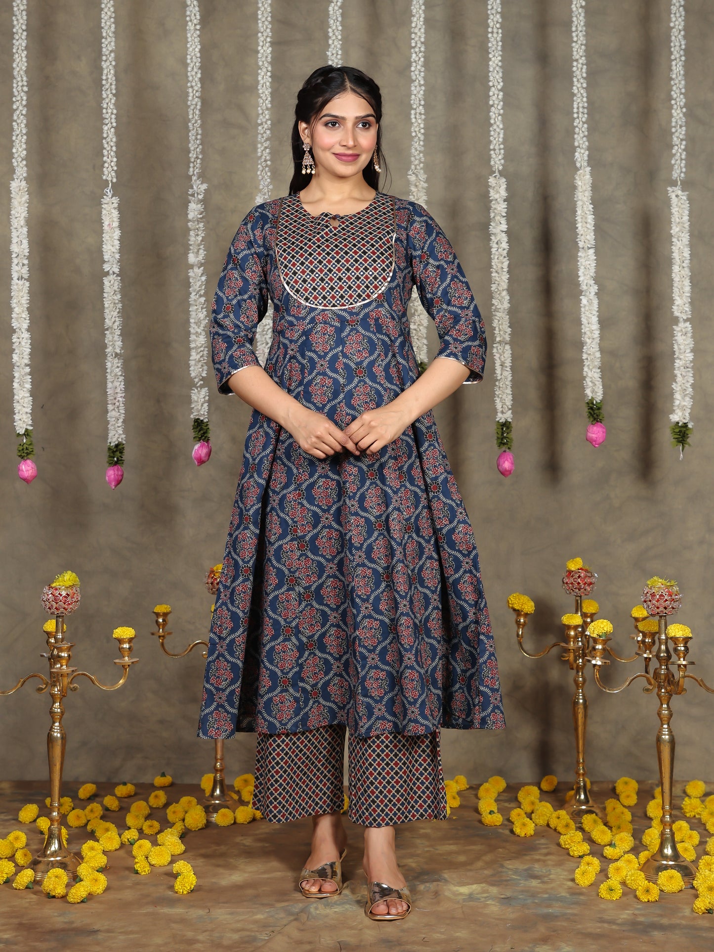 Embroidered Soft Cotton Geometric Anarkali Blue Kurta
