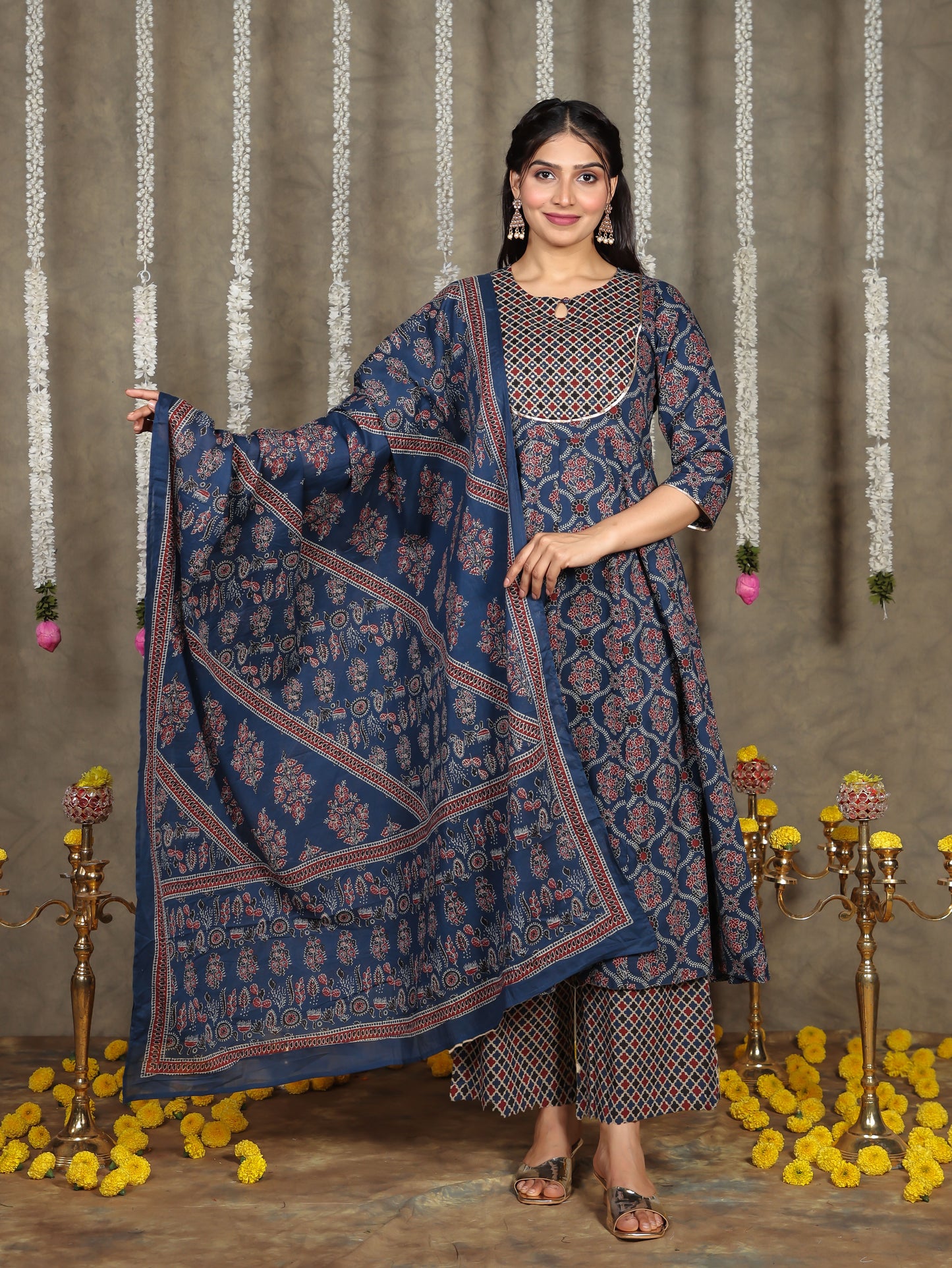 Embroidered Soft Cotton Geometric Anarkali Blue Kurta