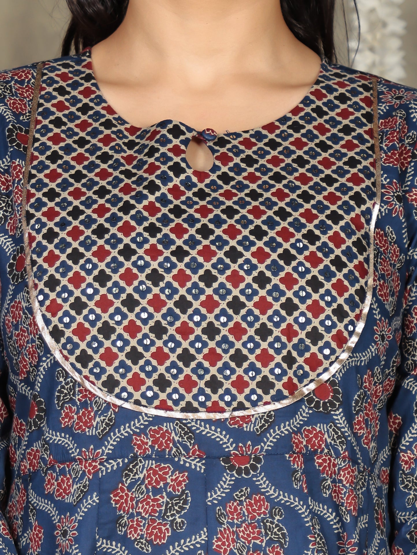 Embroidered Soft Cotton Geometric Anarkali Blue Kurta