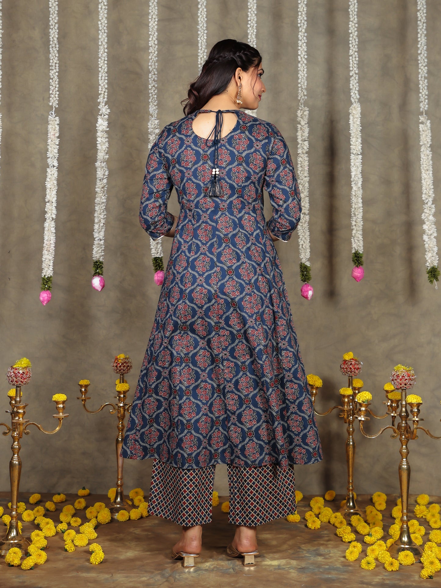Embroidered Soft Cotton Geometric Anarkali Blue Kurta