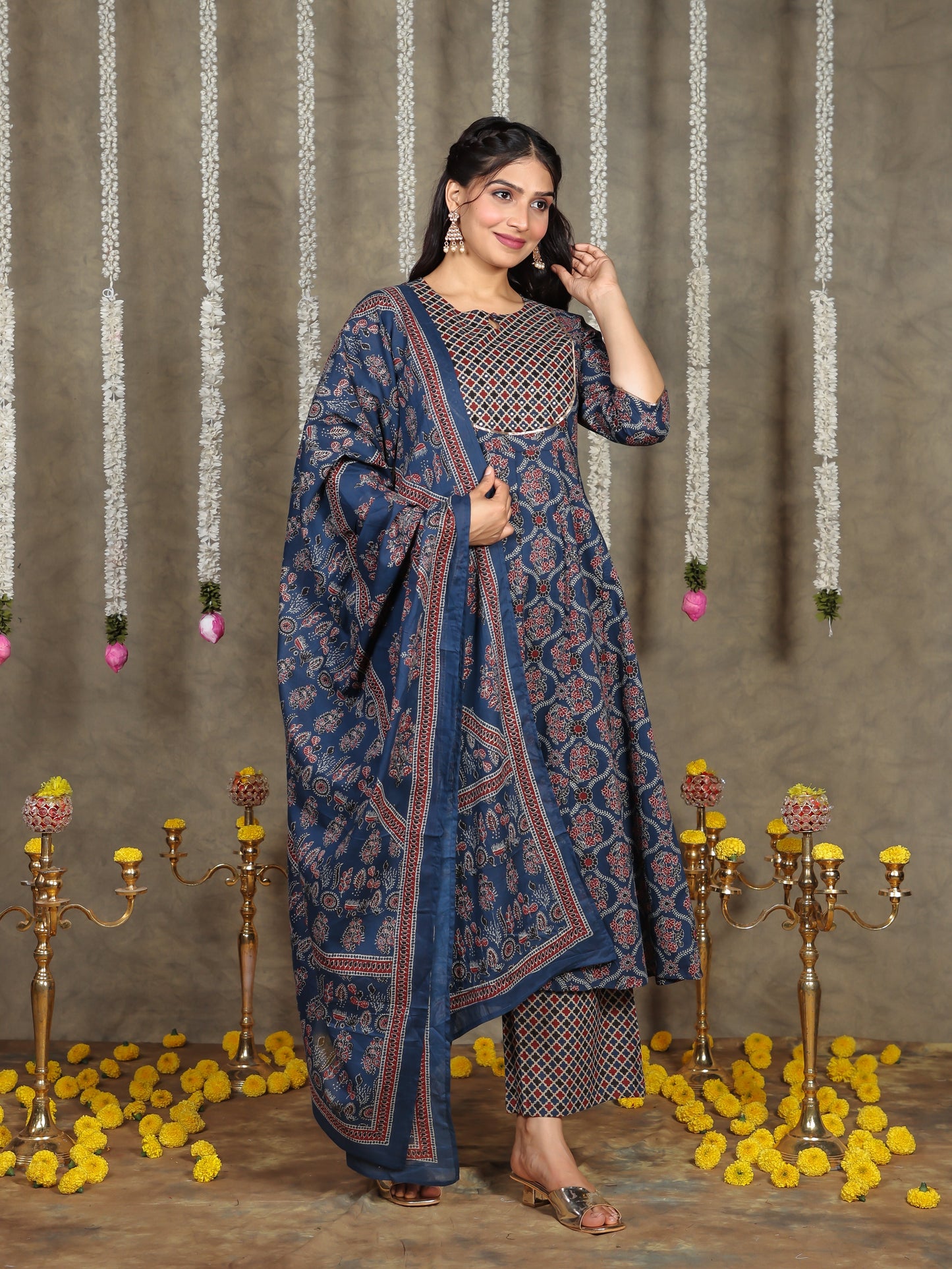 Embroidered Soft Cotton Geometric Anarkali Blue Kurta