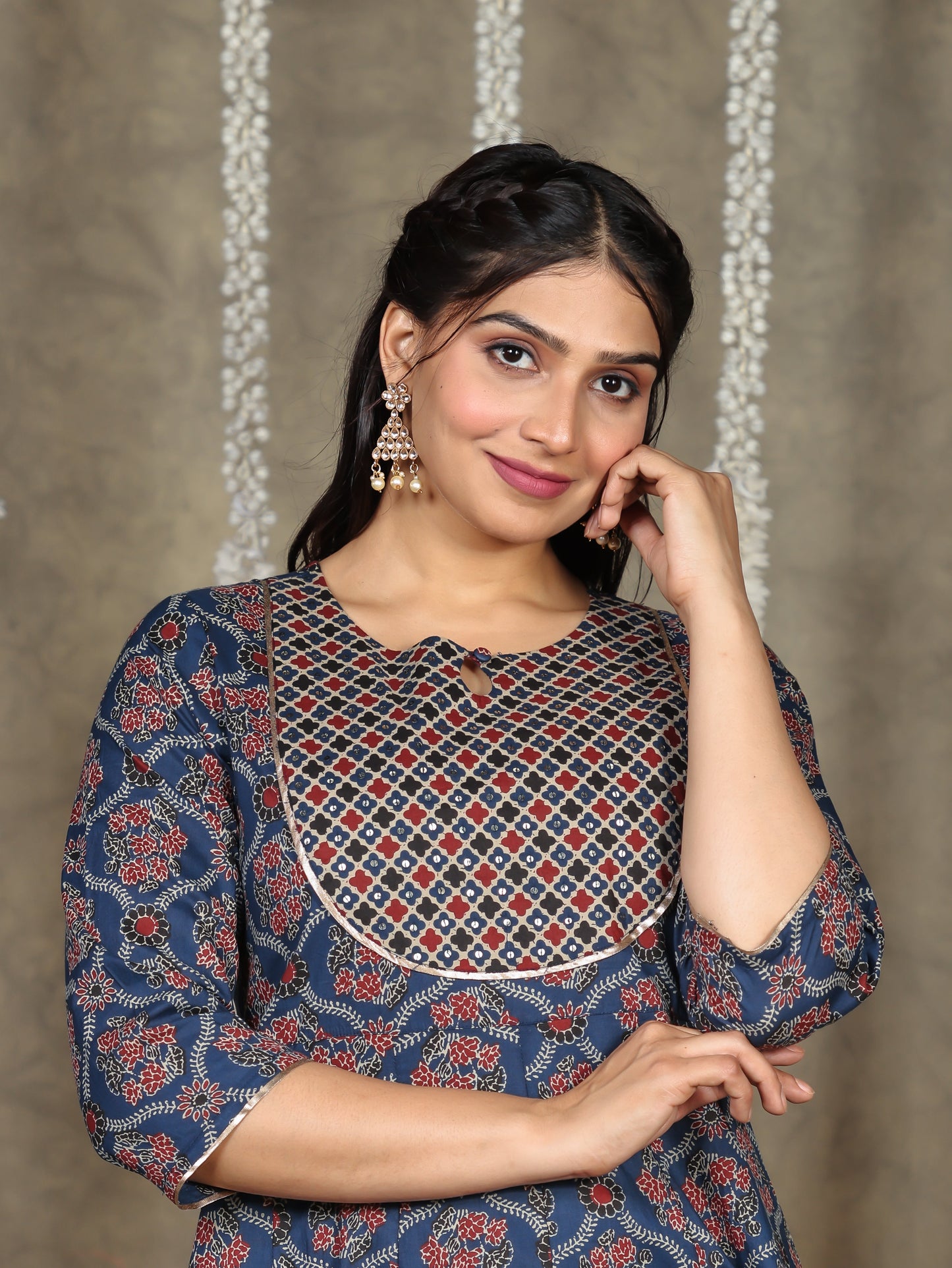 Embroidered Soft Cotton Geometric Anarkali Blue Kurta