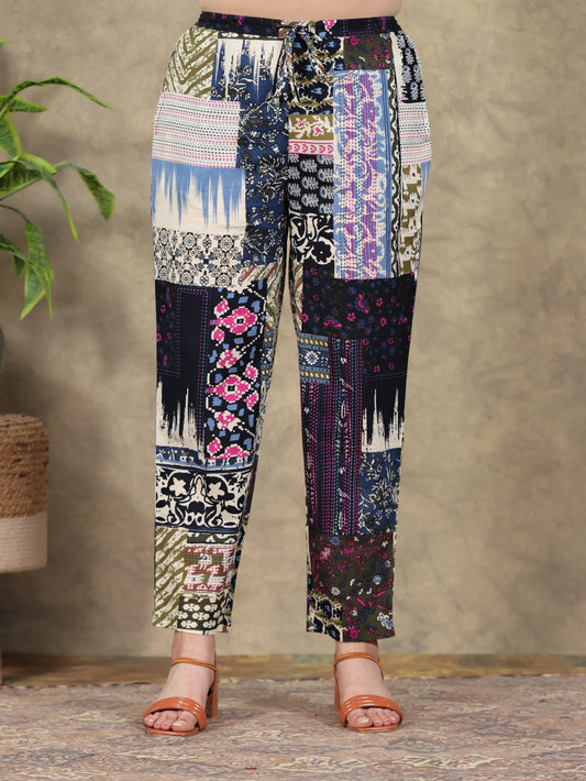 Soft Cotton Patchwork Blue Tapered Trousers