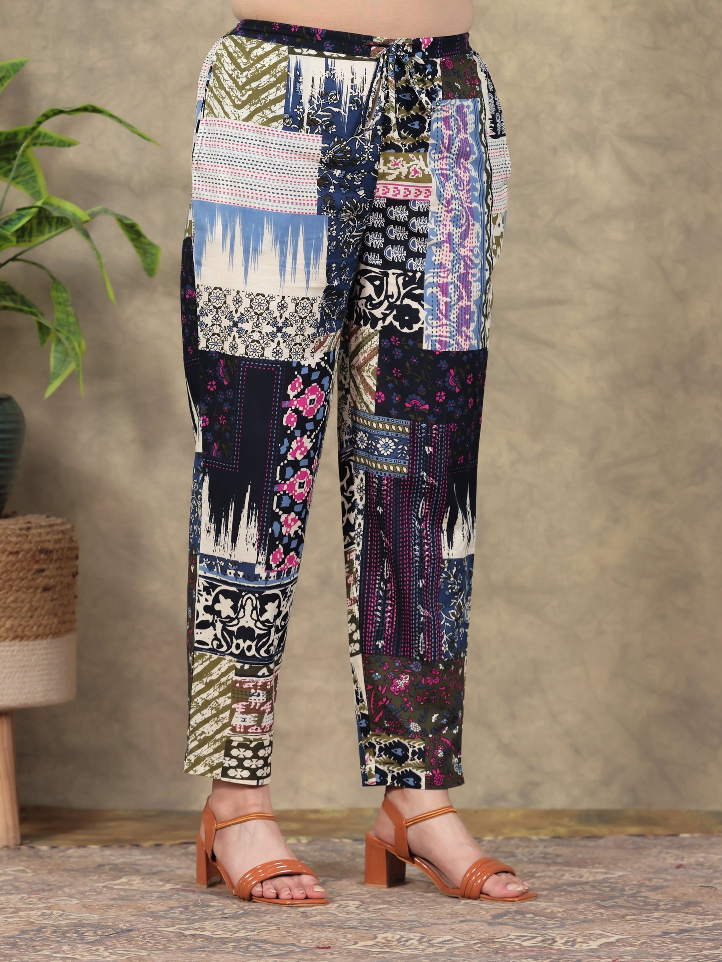 Soft Cotton Patchwork Blue Tapered Trousers